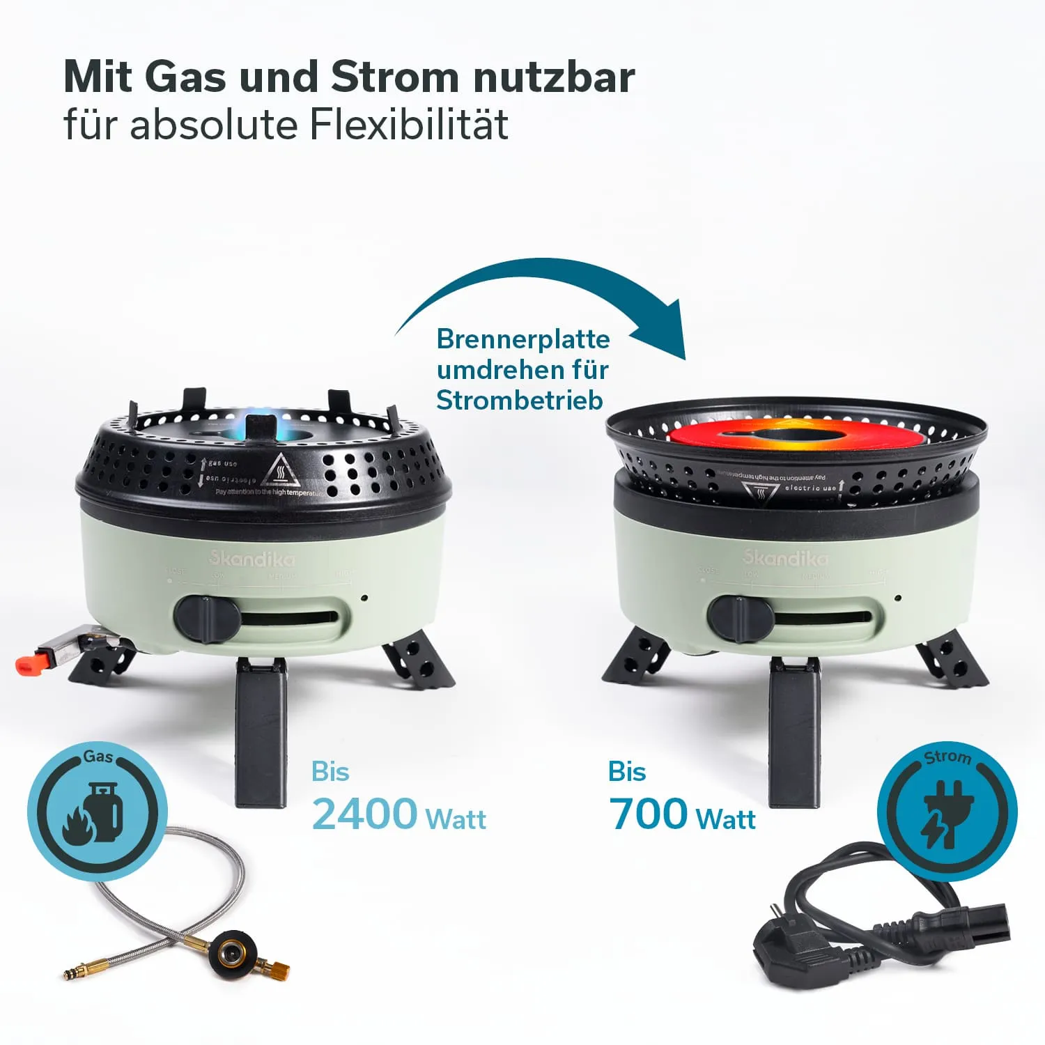 Zwei Kochgeräte, eines für Gasbetrieb, das andere für Strombetrieb, mit technischen Angaben zu Watt und Anschluss.