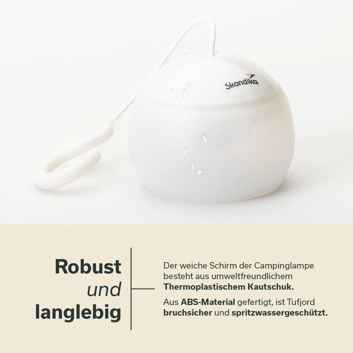 Campinglampe in runder Form mit einem weißen Schirm aus transparentem Material und einem Aufhängungsgriff.
