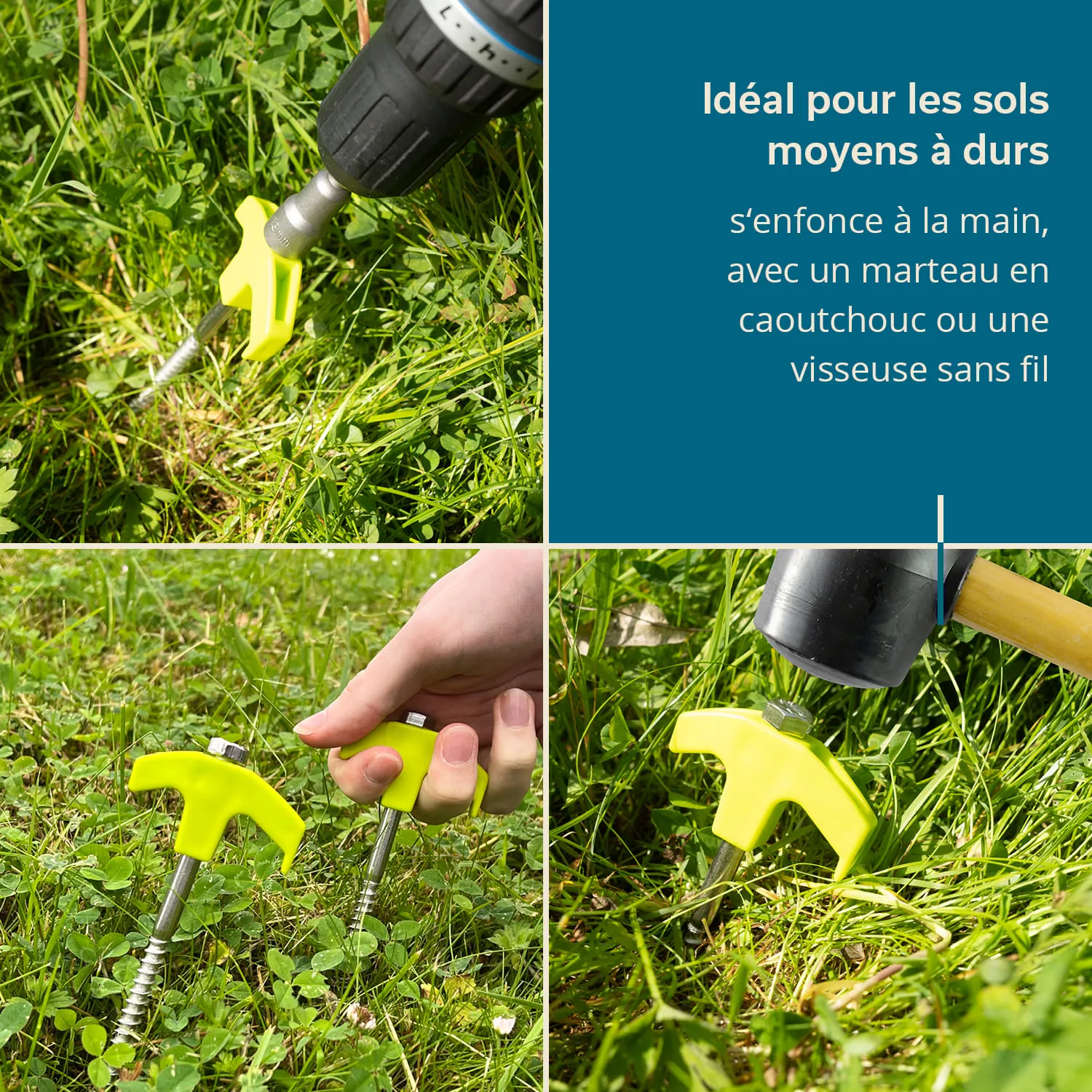 Gelber Erdschraubenzubehör wird im Gras dargestellt. Eine Hand hält eine weitere Schraube, während ein Schlagwerkzeug daneben liegt.