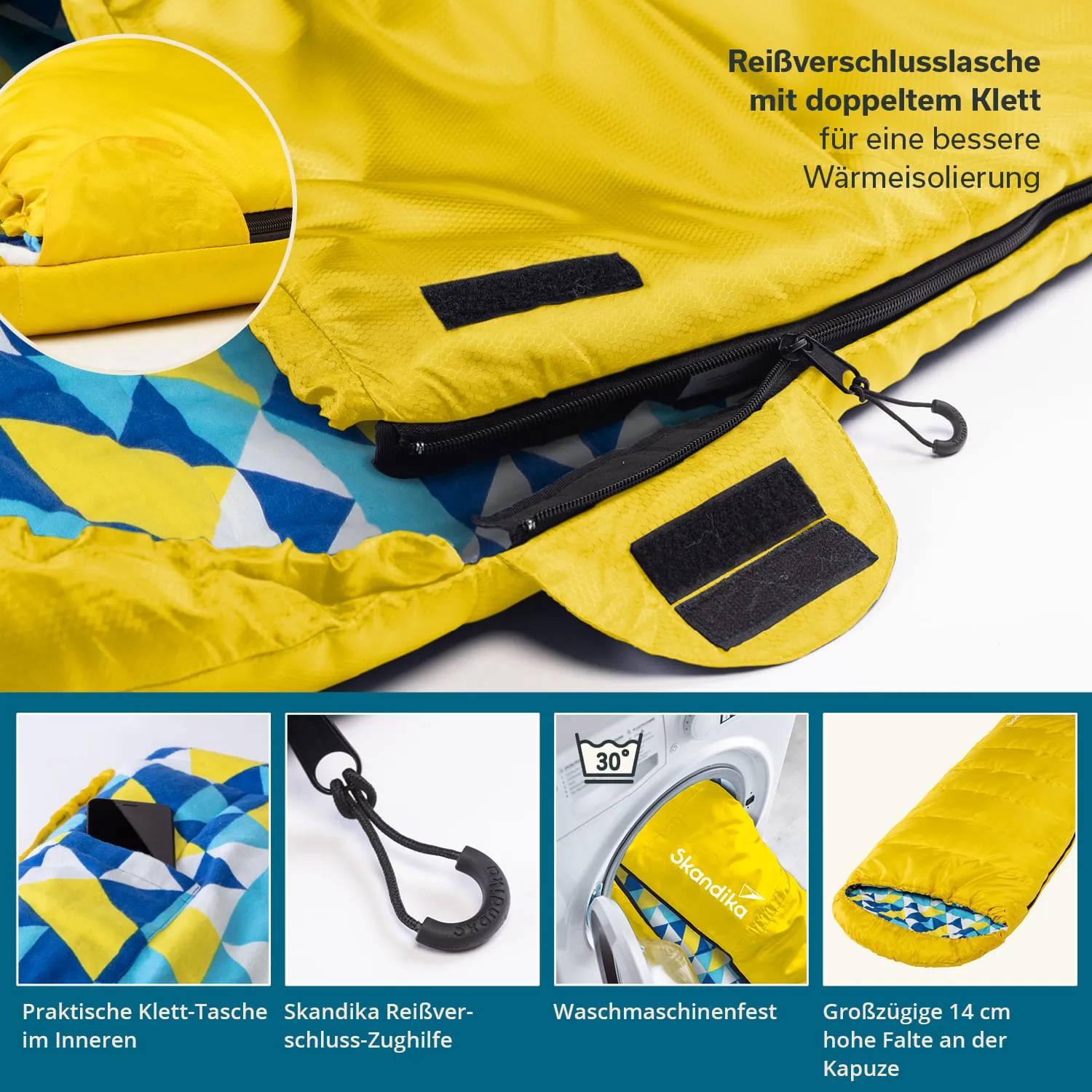 Gelber Schlafsack mit innerem Muster, doppeltem Klettverschluss, Taschen und Waschmaschinensymbol. Detailansicht eines Reißverschlusses.