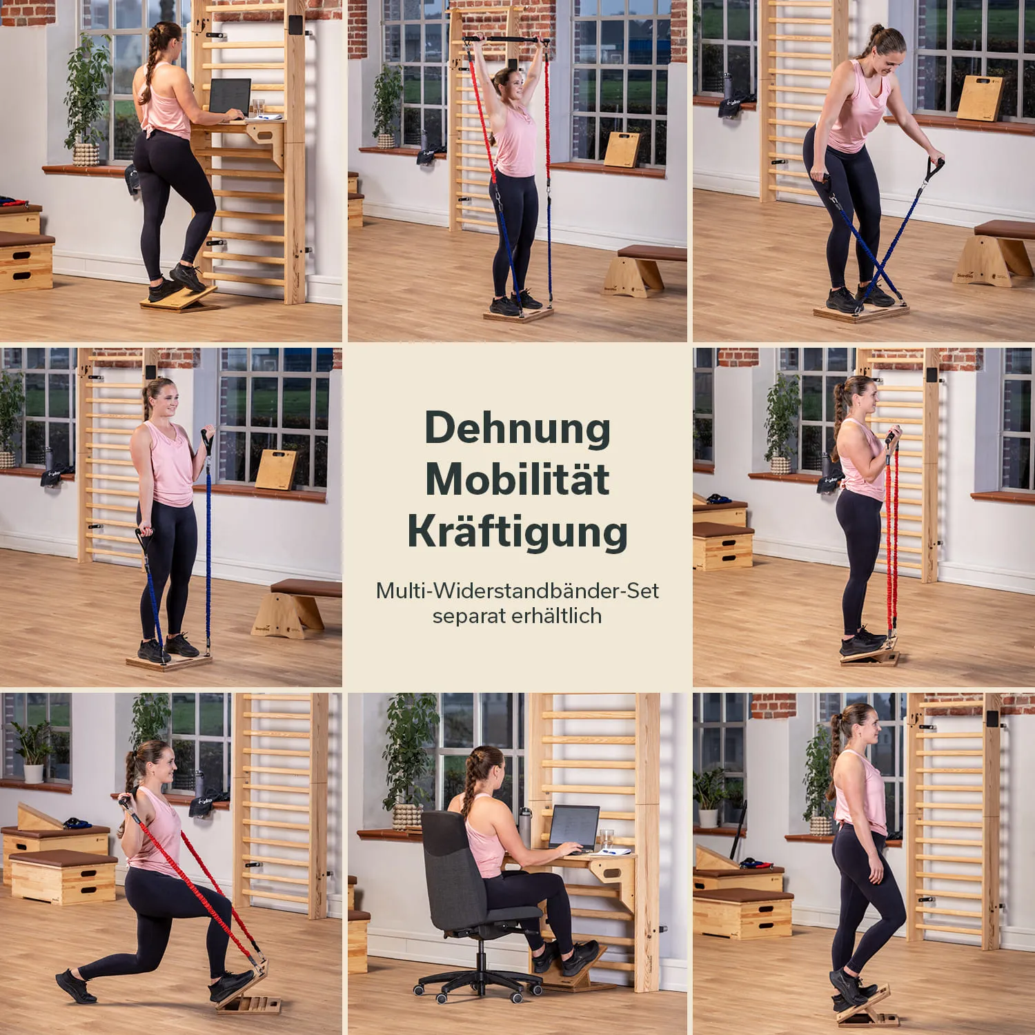 Eine Person mit einem pinken Oberteil und schwarzen Leggings führt verschiedene Übungen mit Widerstandsbändern in einem Raum mit Fenstern und Holzfußboden aus. In der Mitte steht ein Text über Dehnung, Mobilität und Kräftigung.