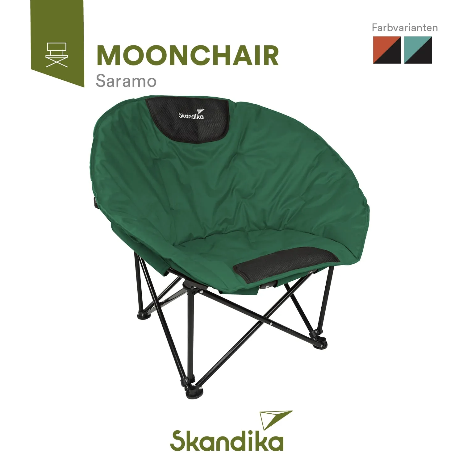 Grüner Campingstuhl mit gepolsterter Sitzfläche und schwarzem Rückenteil. Stahlgestell in schwarz. Markennamen „Skandika“.