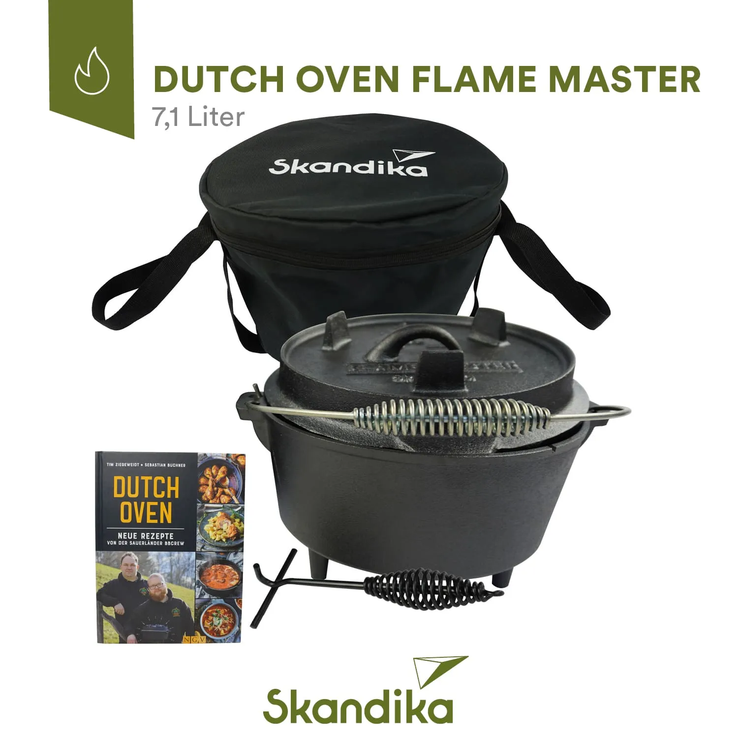 Gusseisen-Dutch-Oven mit Deckel, Stativ, Griff und einem Rezeptbuch, verpackt in einer schwarzen Tragetasche.