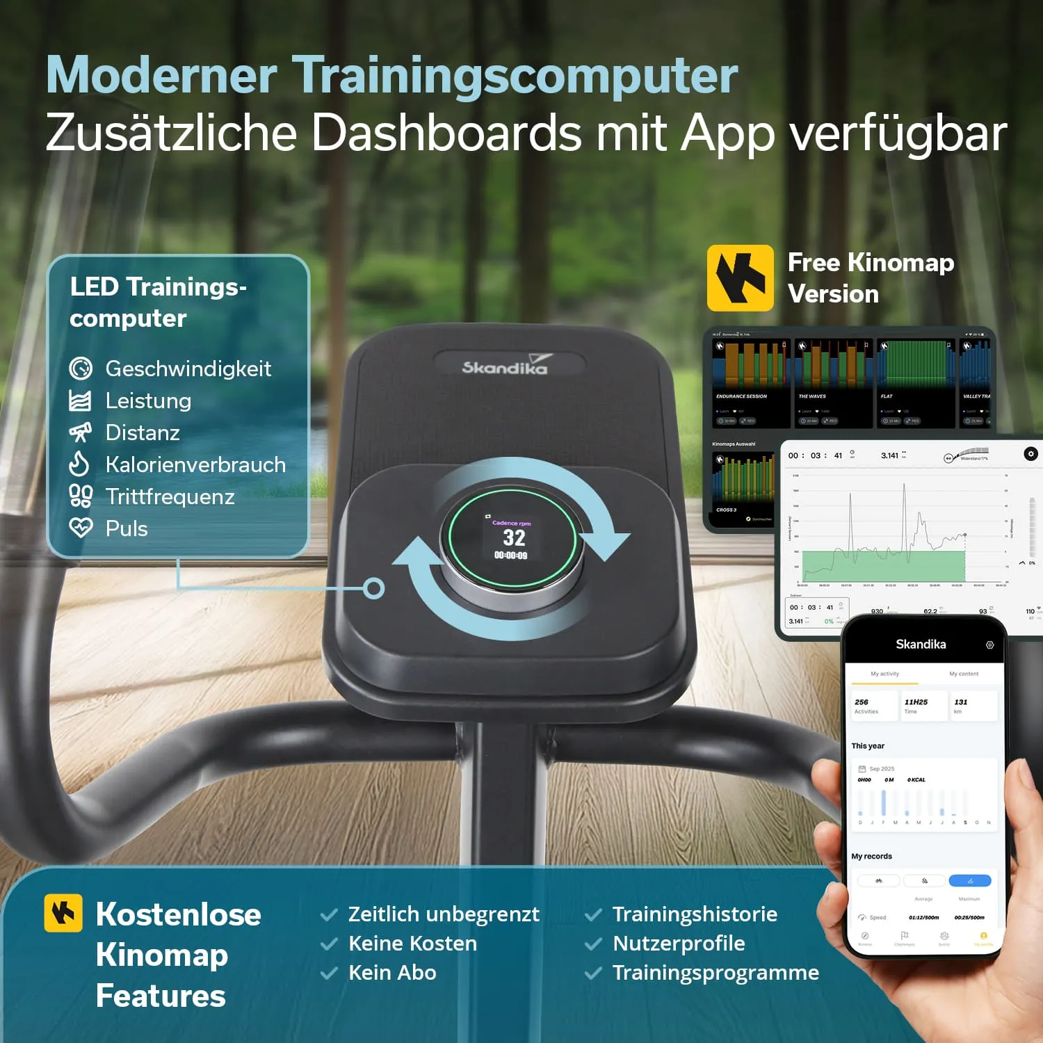Modernen Trainingscomputer mit LED-Anzeige und verschiedenen Leistungsindikatoren. App-Dashboards auf mobilen Geräten.