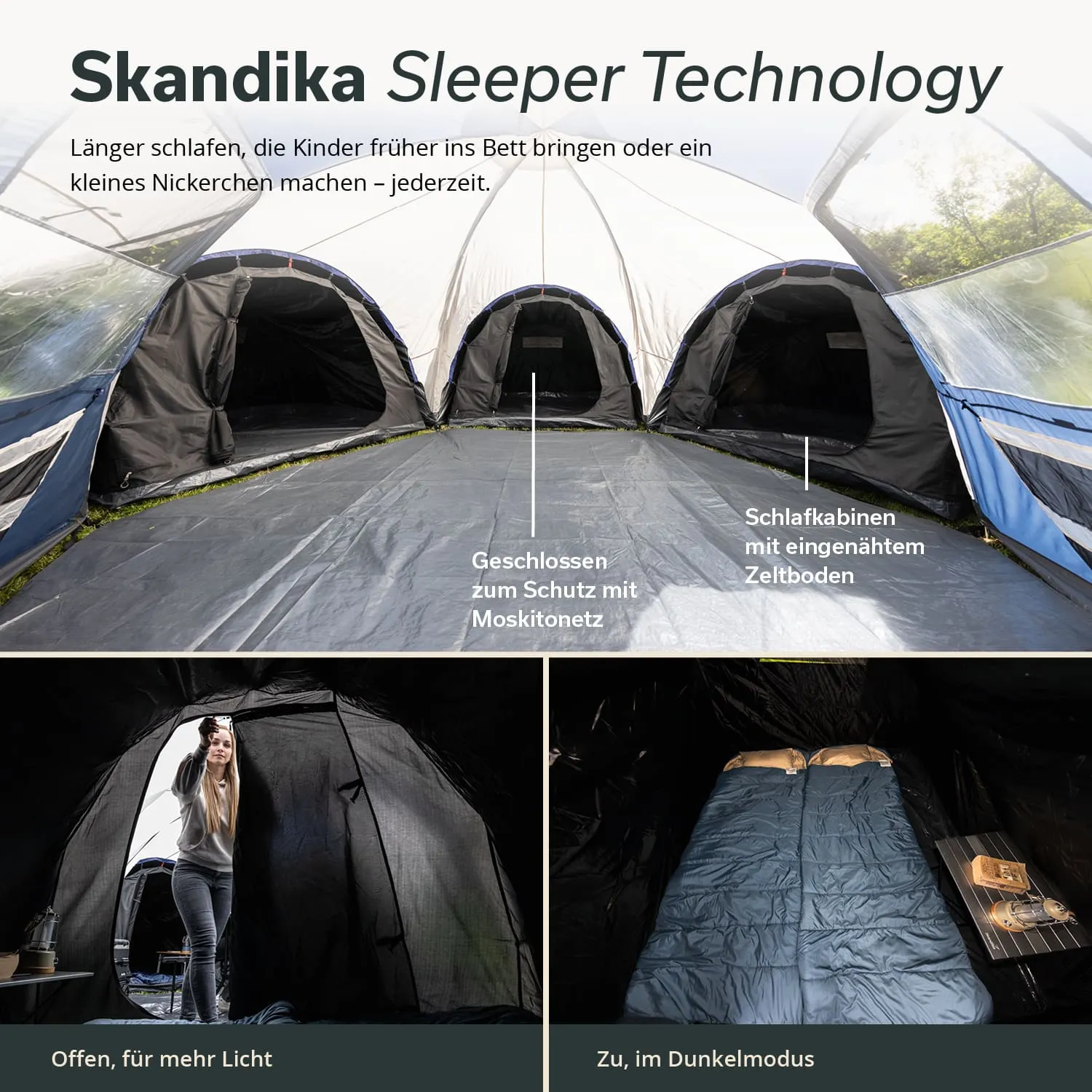 Zeltinneneinblick mit Schlafkabinen, Moskitonetz und Bett mit Decken, umgeben von Zeltwänden. Heller und dunkler Bereich sichtbar.