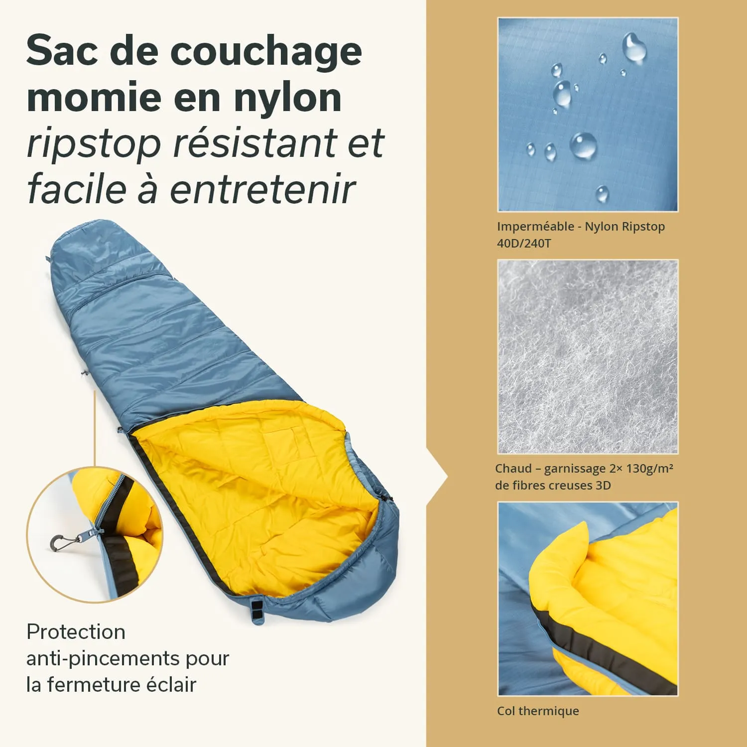 Mumienschlafsack in Blau und Gelb, mit einem Reißverschlussdesign. Details zu Materialien und Eigenschaften wie Wasserdichtigkeit und Wärmeisolierung.