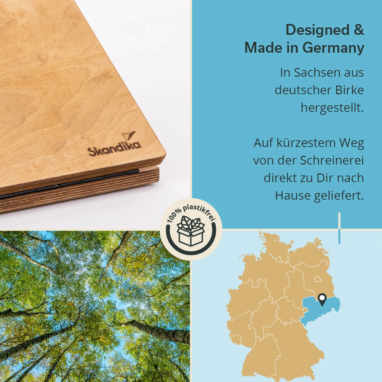 Holzoberfläche eines Produkts mit "Skandika"-Logo. Text über Herstellung in Sachsen und umweltfreundliche Lieferung. Baumkronenansicht und Deutschlandkarte.