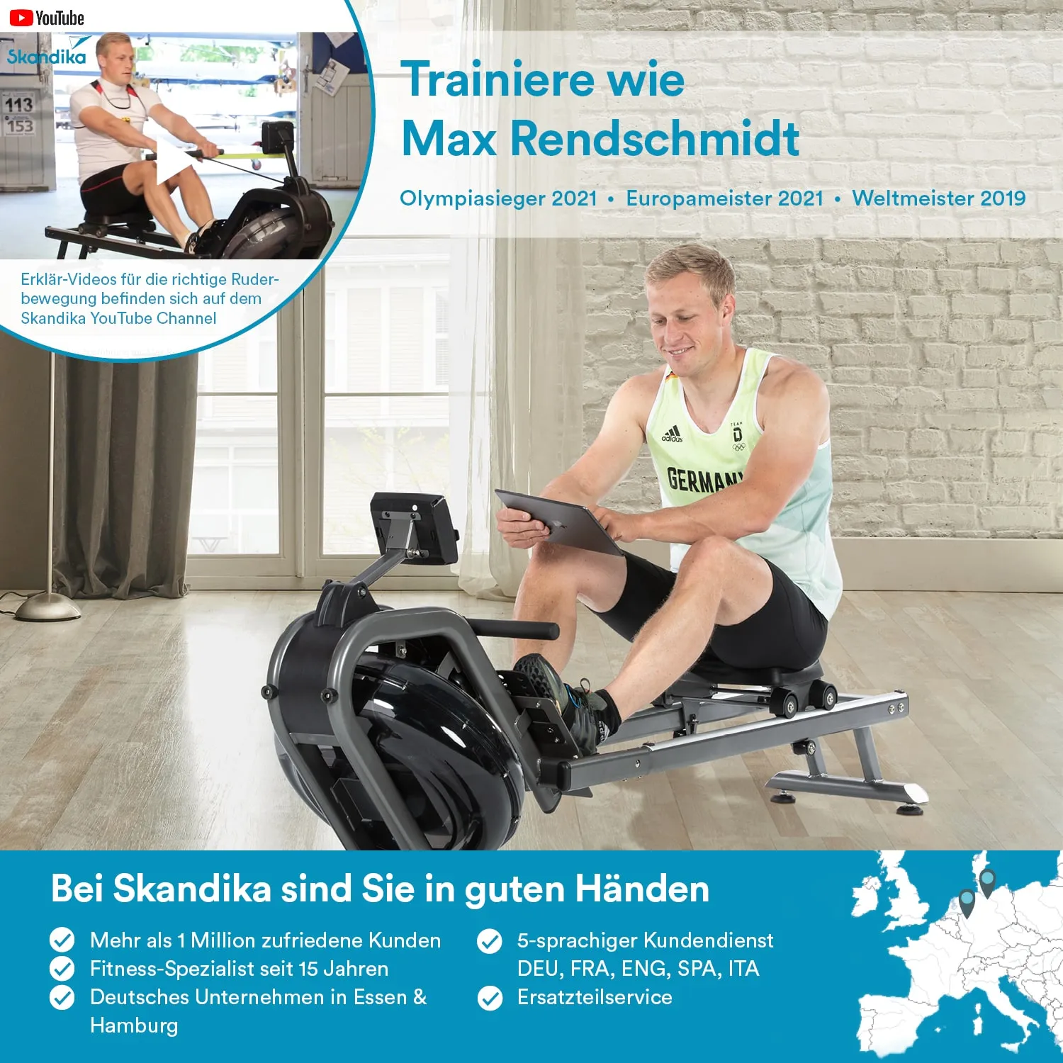 Ein Mann sitzt auf einem Rudergerät und hält ein Tablet in der Hand. Er trägt Sportkleidung mit der Aufschrift "Germany". Im Hintergrund ist ein großer Fensterbereich sichtbar, und die Umgebung ist hell und freundlich.