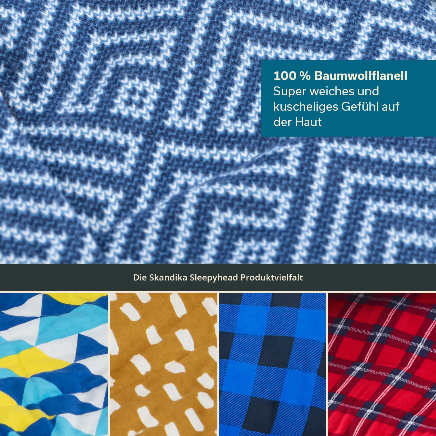 Muster von verschiedenen Stoffen in verschiedenen Farben, darunter geometrische und Karomuster. Textinformationen zur Materialbeschreibung.