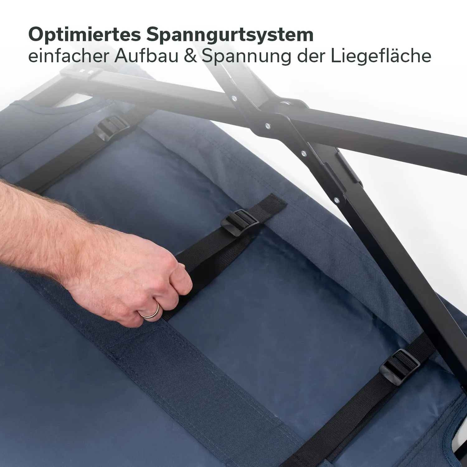 Optimiertes Spannurtssystem mit Hand, die einen Gurt aufnimmt blauer Stoff, Gestell im Hintergrund.