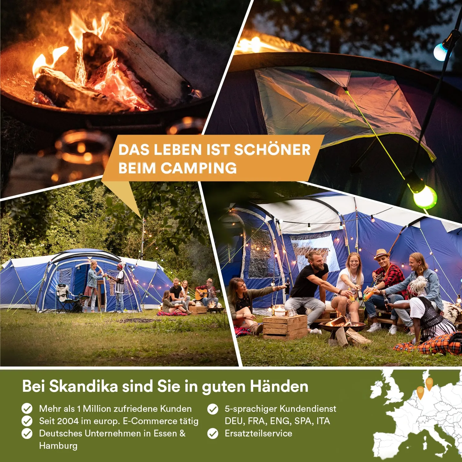 Lagerfeuer in einer Feuerstelle, Zelt im Hintergrund, Gruppe von Personen sitzt am Boden und unterhält sich. Grüne Umgebung.