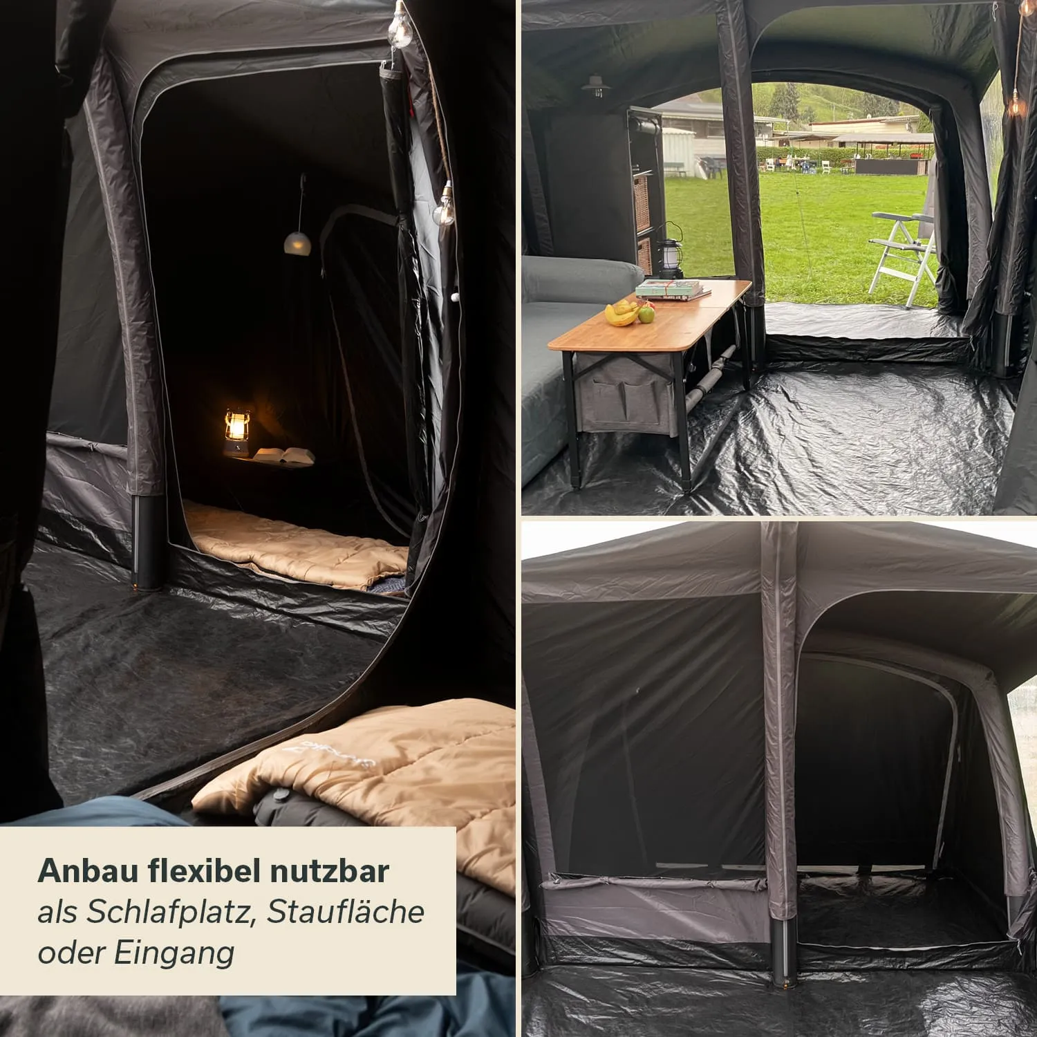 Innenansicht eines Zeltes mit verschiedenen Perspektiven. Möbelstück mit Tisch und Stühlen, Schlafplatz und Eingang sichtbar.