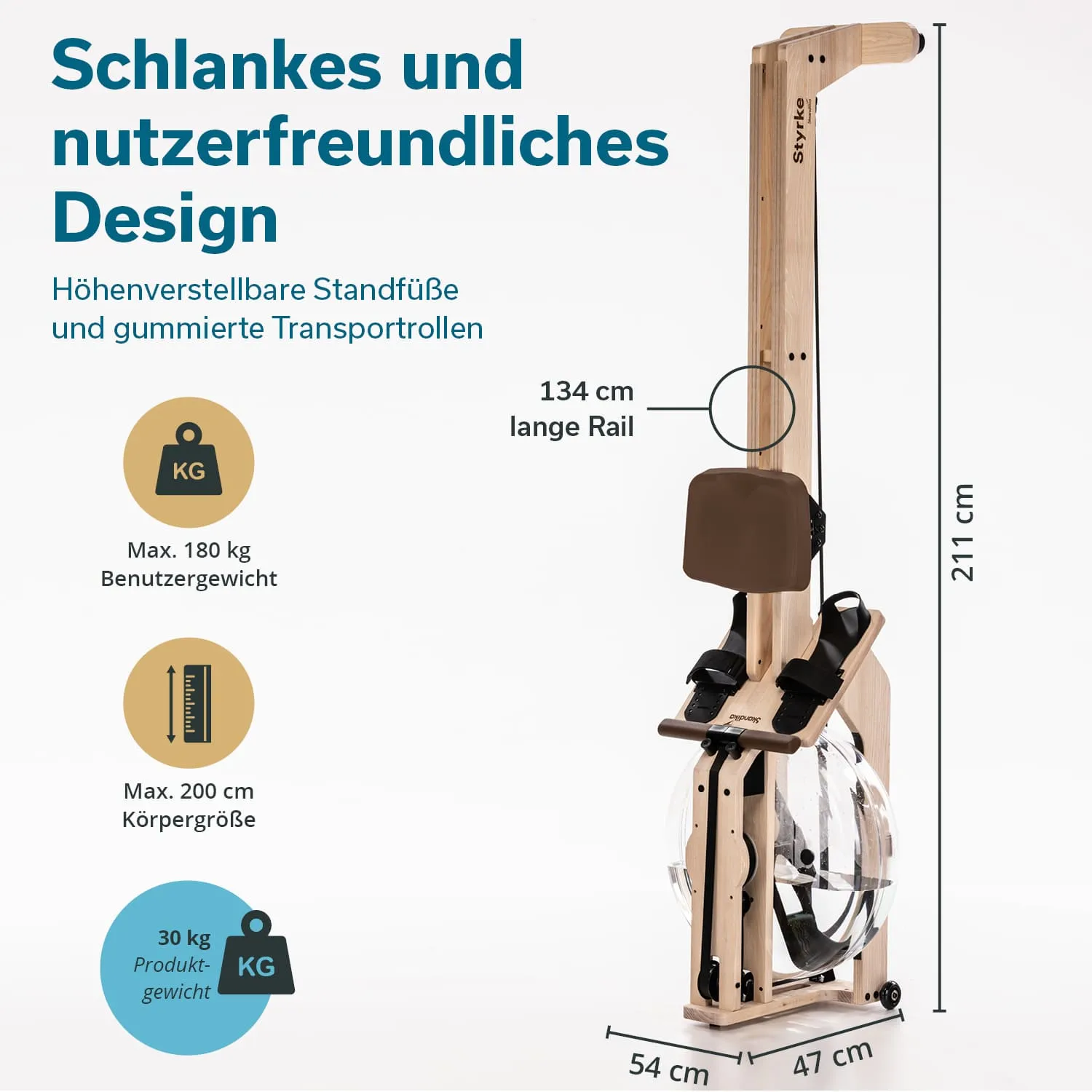 Schnell kommendes Gerät mit höhenverstellbarem Standfuß, gummierten Transportrollen und einer 134 cm langen Rail. Maße: 211 cm hoch, 54 cm breit, 47 cm tief. Max. Benutzergewicht 180 kg, Körpergröße 200 cm, Produktgewicht 30 kg.