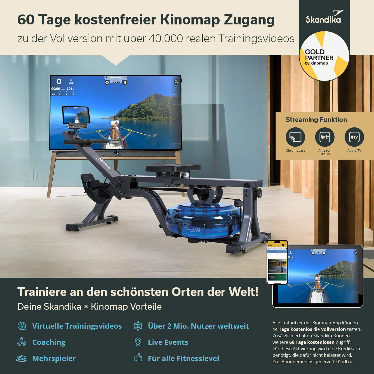 Ein Rudergerät steht vor einem Fernseher, auf dem ein Training in einer Naturlandschaft angezeigt wird. Links Infos über kostenlosen Zugang zu Trainingsvideos.