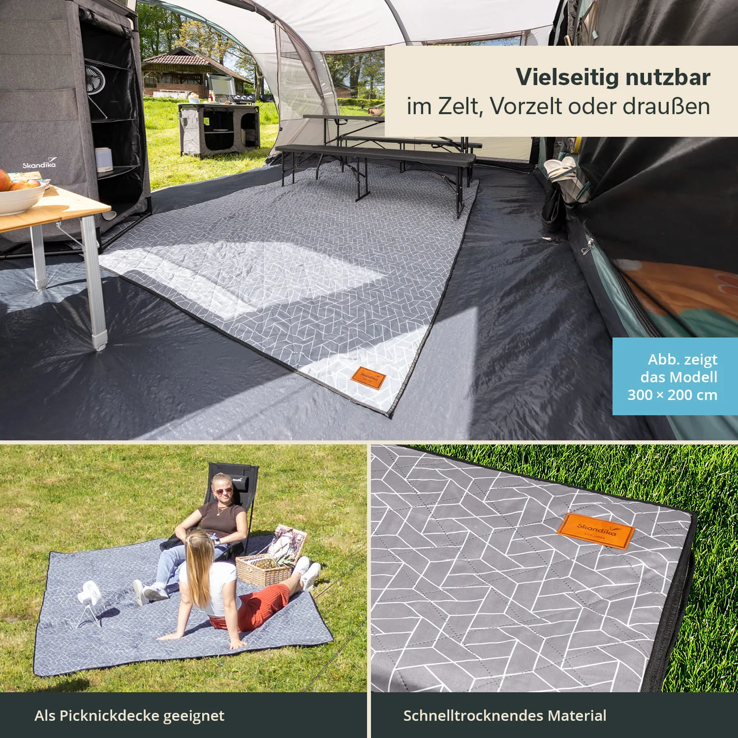 Grau-musterte Picknickdecke im Zelt und auf Grünfläche, umgeben von Campingausstattung. Schnelltrocknendes Material, vielseitig nutzbar.