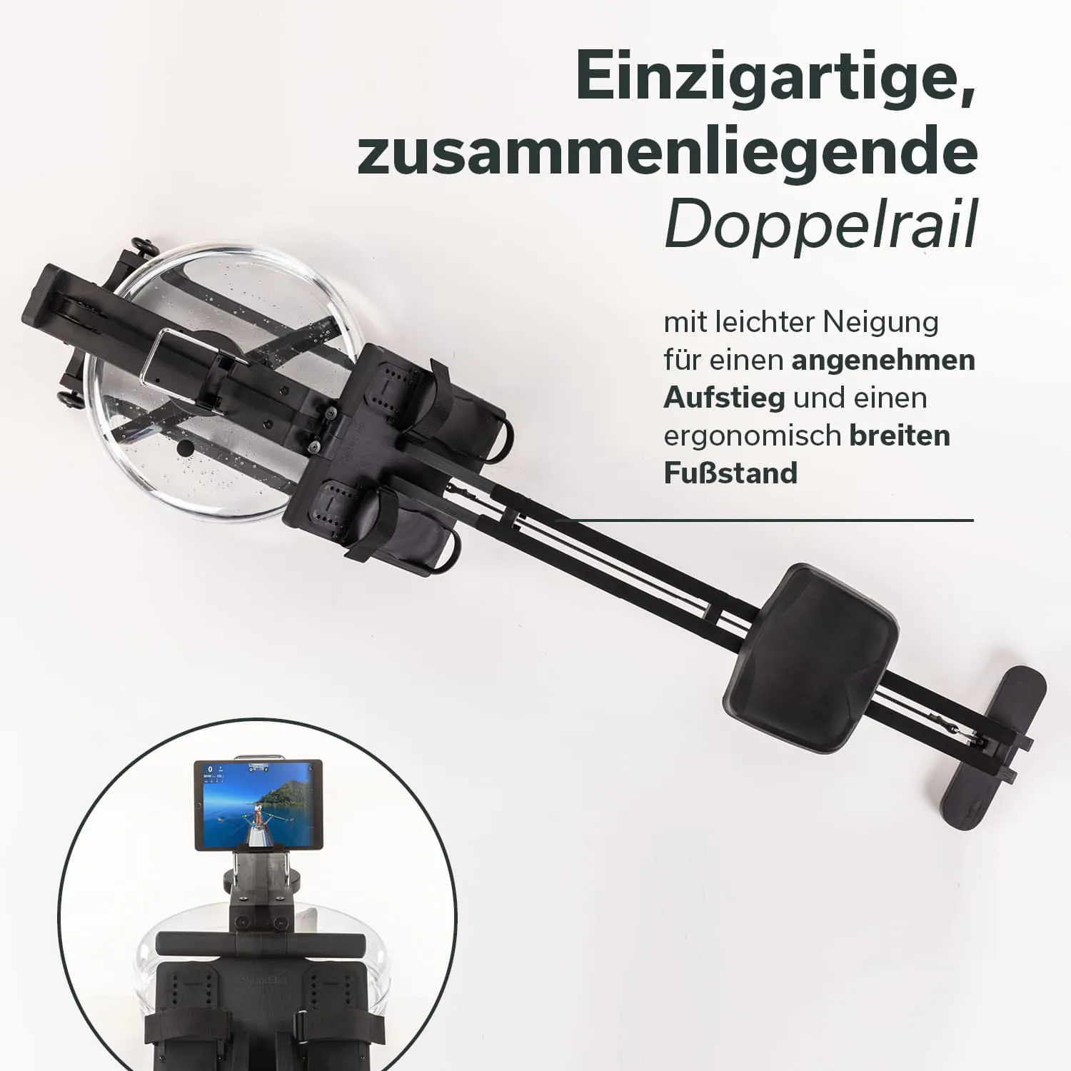 Wassertretgerät mit transparentem Tank, schwarzem Gestell, Sitz und Halterung für ein Tablet. Weisse Hintergrund.