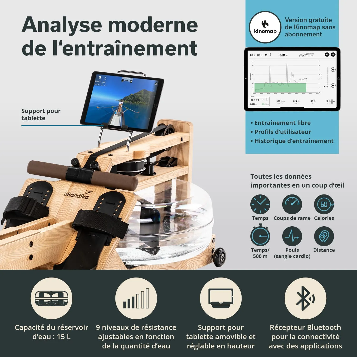 Holz-Rudergerät mit einem Wasserkessel, Tablet-Halterung und Anzeige für Trainingsdaten, einschließlich Wiederholungen und Kalorien.