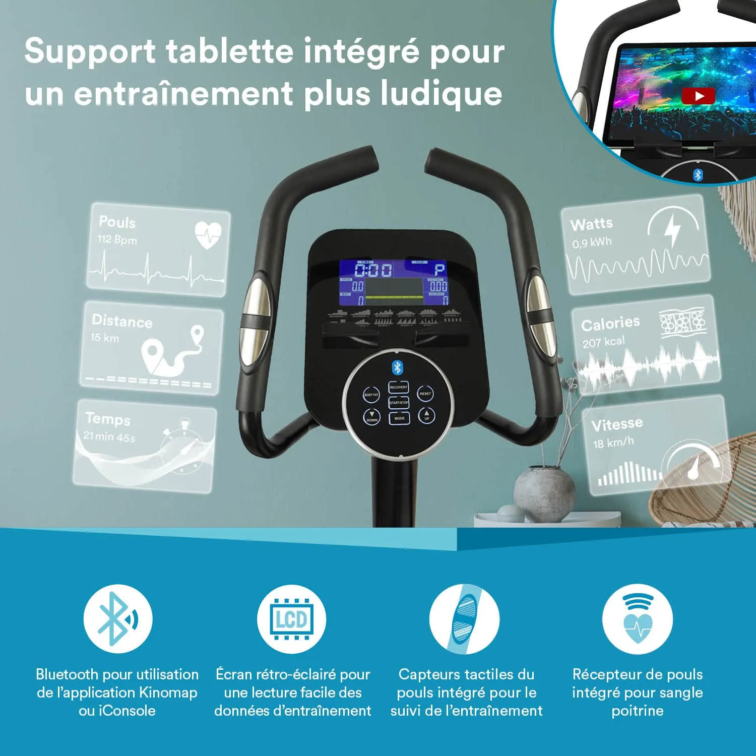 Anzeige eines Geräts mit integrierter Tablet-Halterung. Steuerungselemente und Bildschirm zur Anzeige von Trainingsdaten.