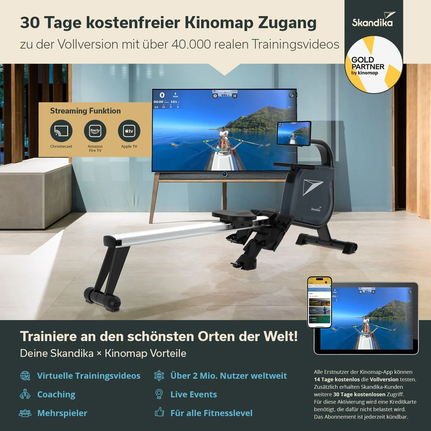 Rudermaschine in einem modernen Raum, Fernseher zeigt ein Trainingsvideo. Werbung für Kinomap-Zugang und Funktionen.