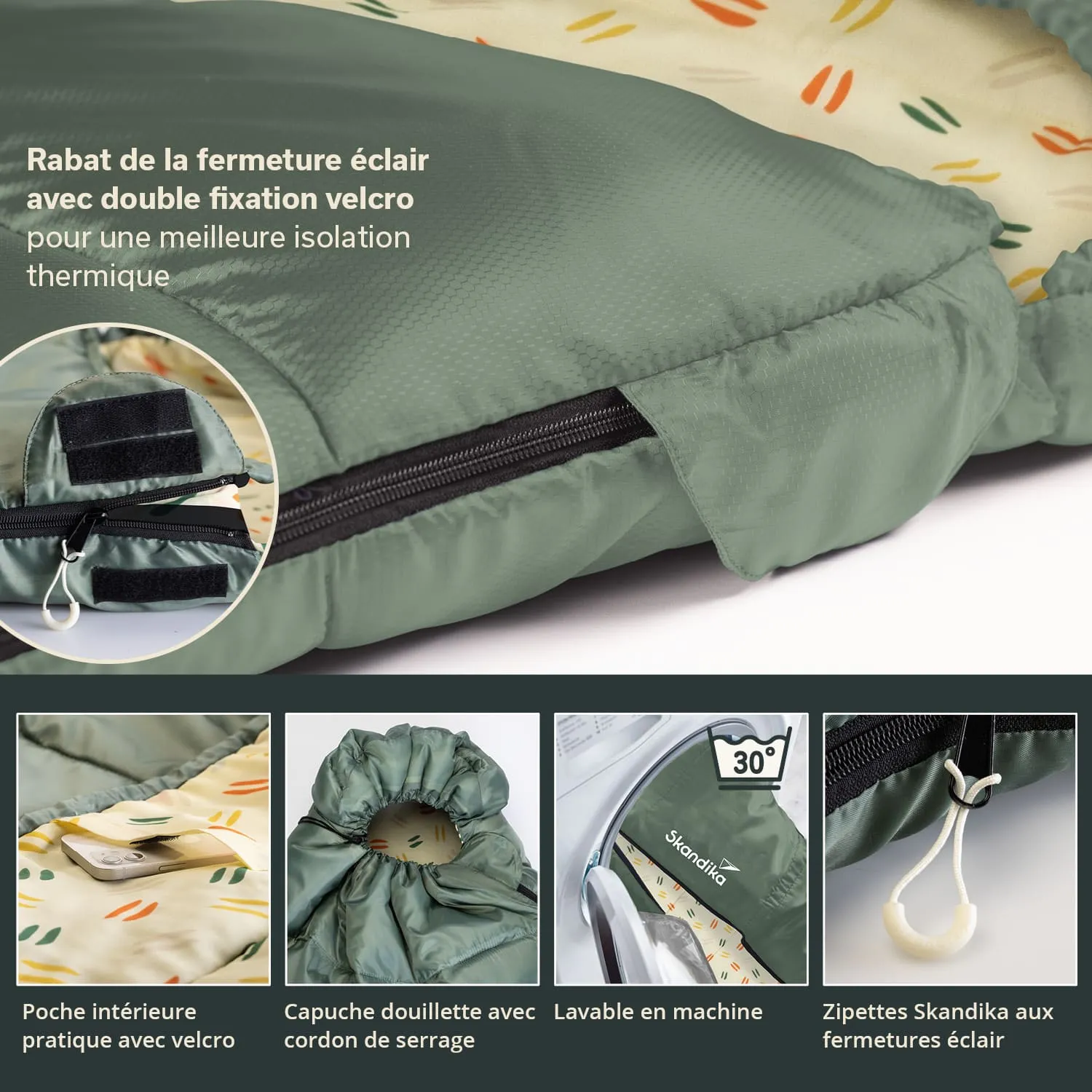 Schlafsack in grün, mit Reißverschluss, Innenfutter mit bunten Mustern, praktische Taschen und Kordelzugkapuze.