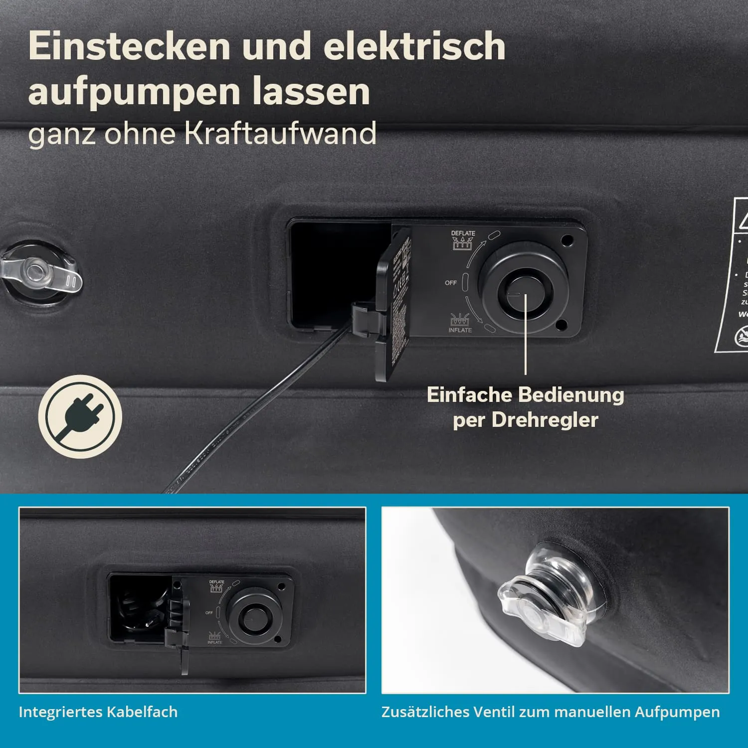 Elektro-Luftmatratze mit integrierter Pumpe und Drehregler für einfache Benutzung, zusätzliches Ventil sichtbar.