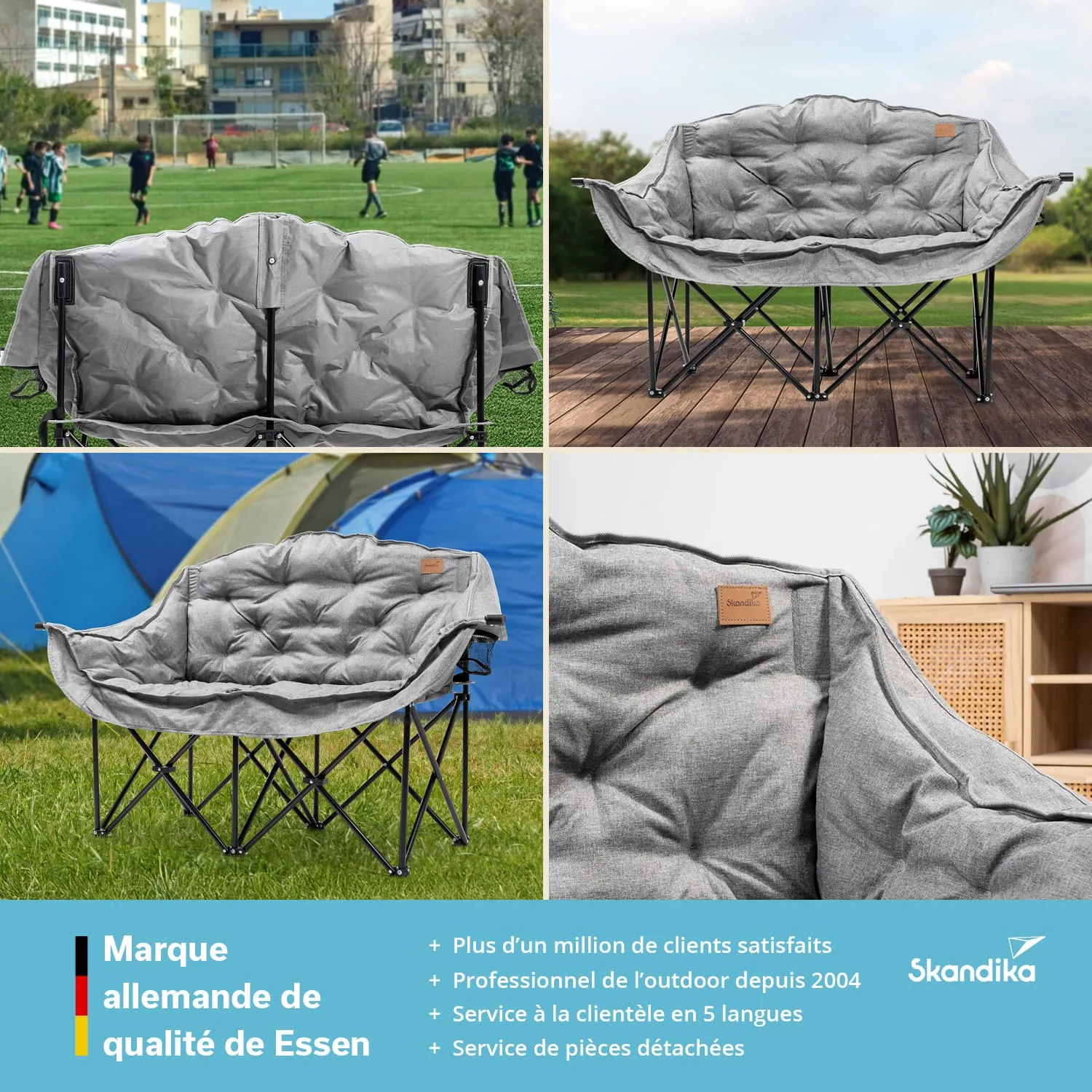 Das Bild zeigt ein graues Klappsofa mit weicher Polsterung, platziert auf Rasen und Holz. Im Hintergrund sind Menschen beim Fußballspielen zu sehen. Teile des Sofas sind detailliert abgebildet.