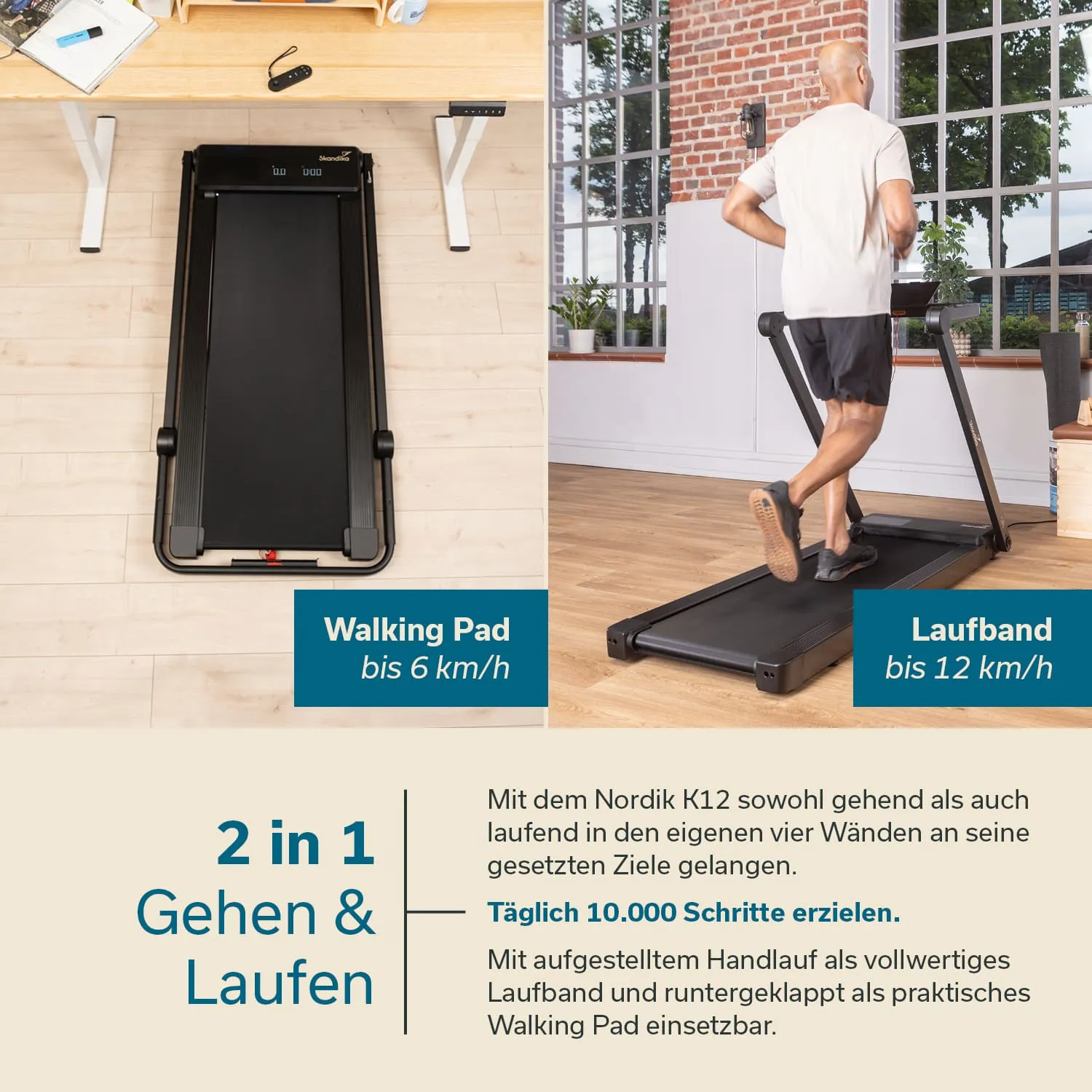 Walking Pad und Laufband nebeneinander auf einem hellen Holzfußboden. Person joggt auf dem Laufband. Textinformationen über Funktionen und Nutzungsmöglichkeiten.