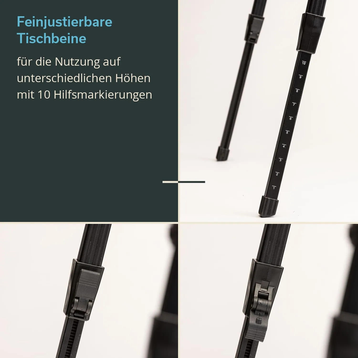 Feinjustierbare Tischbeine mit verschiedenen Höhenmarkierungen für flexible Nutzung. Aus schwarzem Material, mehrere Details sichtbar.
