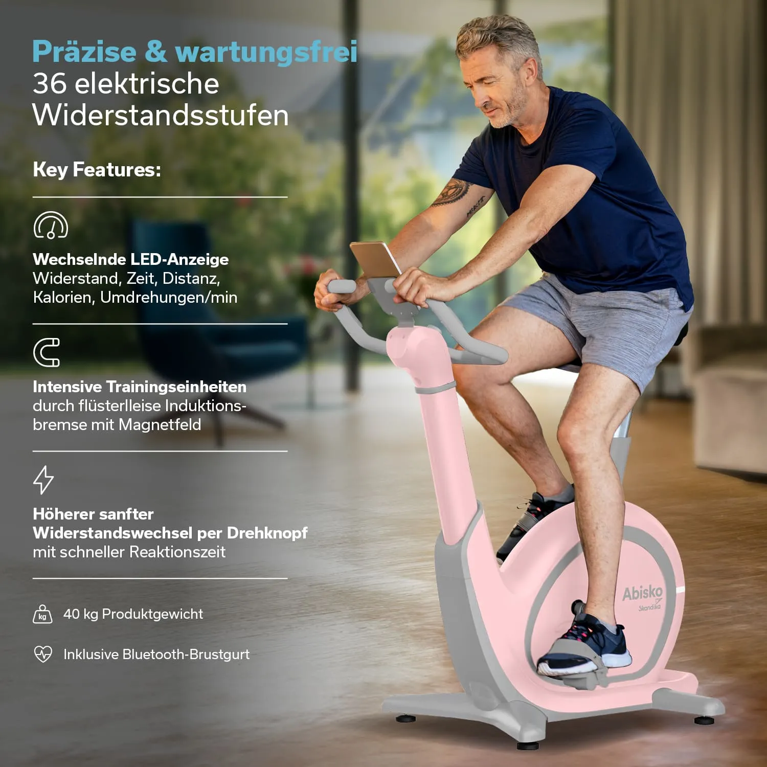 Display mit einem Smartphone, das eine Landschaft zeigt. Textinformationen über Kinomap und Skandika mit Streaming-Optionen.