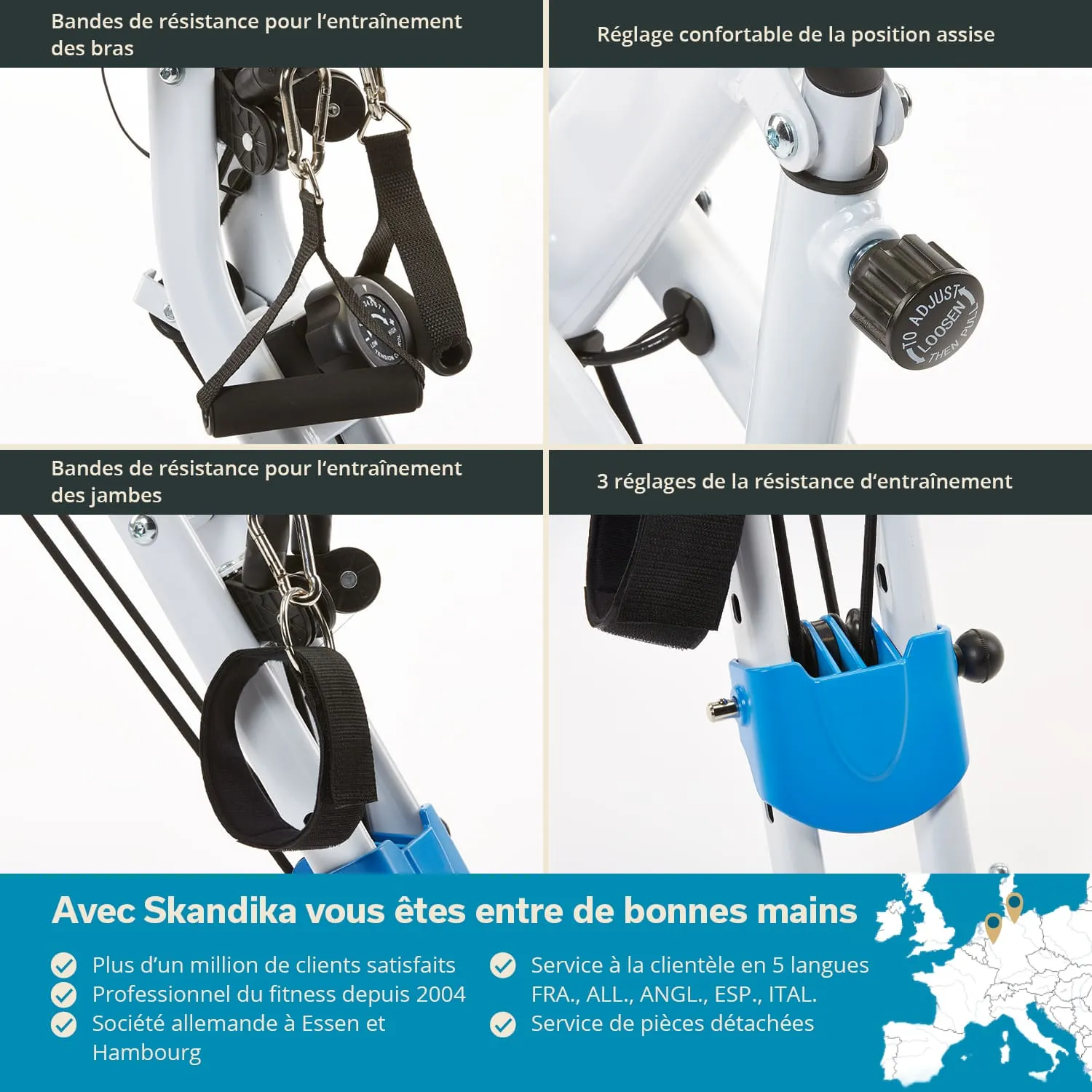 Widerstandsband für das Training der Arme, verstellbare Sitzposition, Widerstandseinstellungen. Informationen zur Marke Skandika.