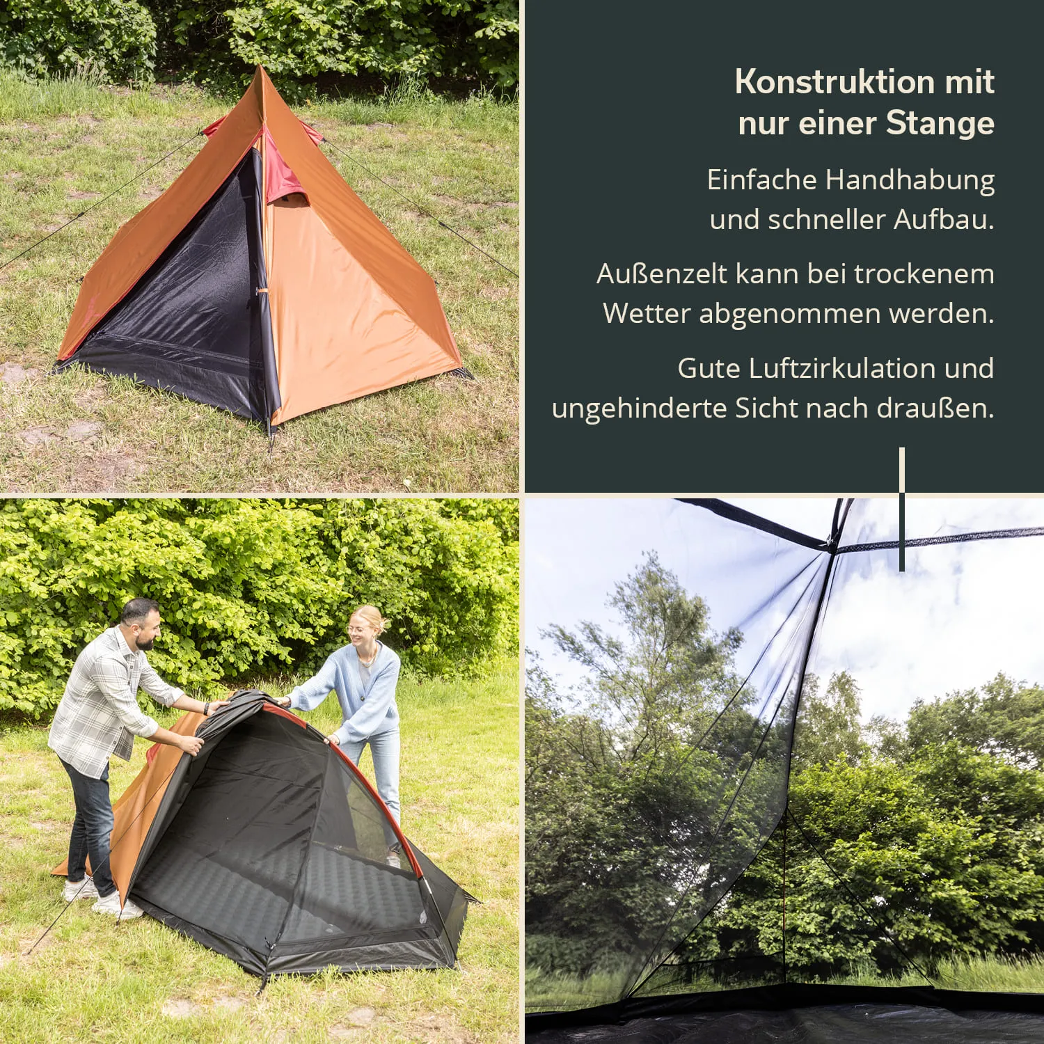 Zelt mit orangefarbenem Stoff auf einer Wiese, zwei Personen beim Aufbau, Innenansicht mit Blick nach draußen.