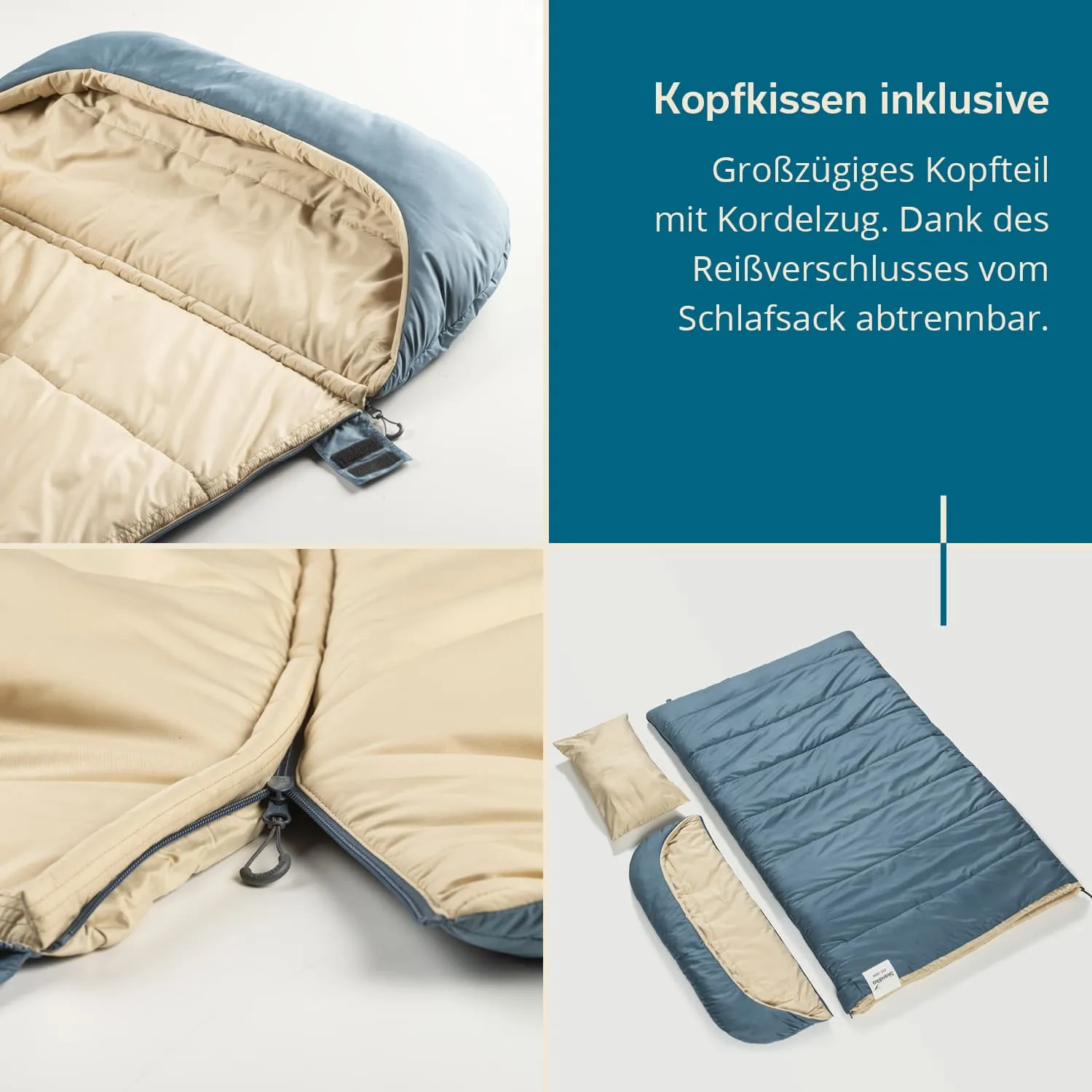 Schlafsack mit abtrennbarem Kopfkissen, hellbeige und blau, Reißverschluss sichtbar, zusätzliches Kissen daneben.