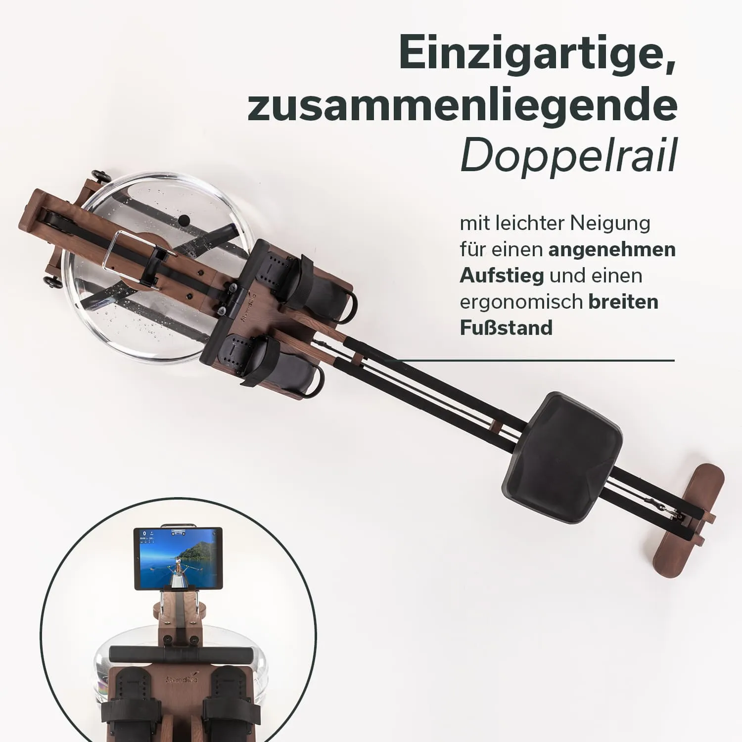 Rudergerät aus Holz mit Wassertank, Fußablage und Smartphone-Halterung, in obiger Ansicht.