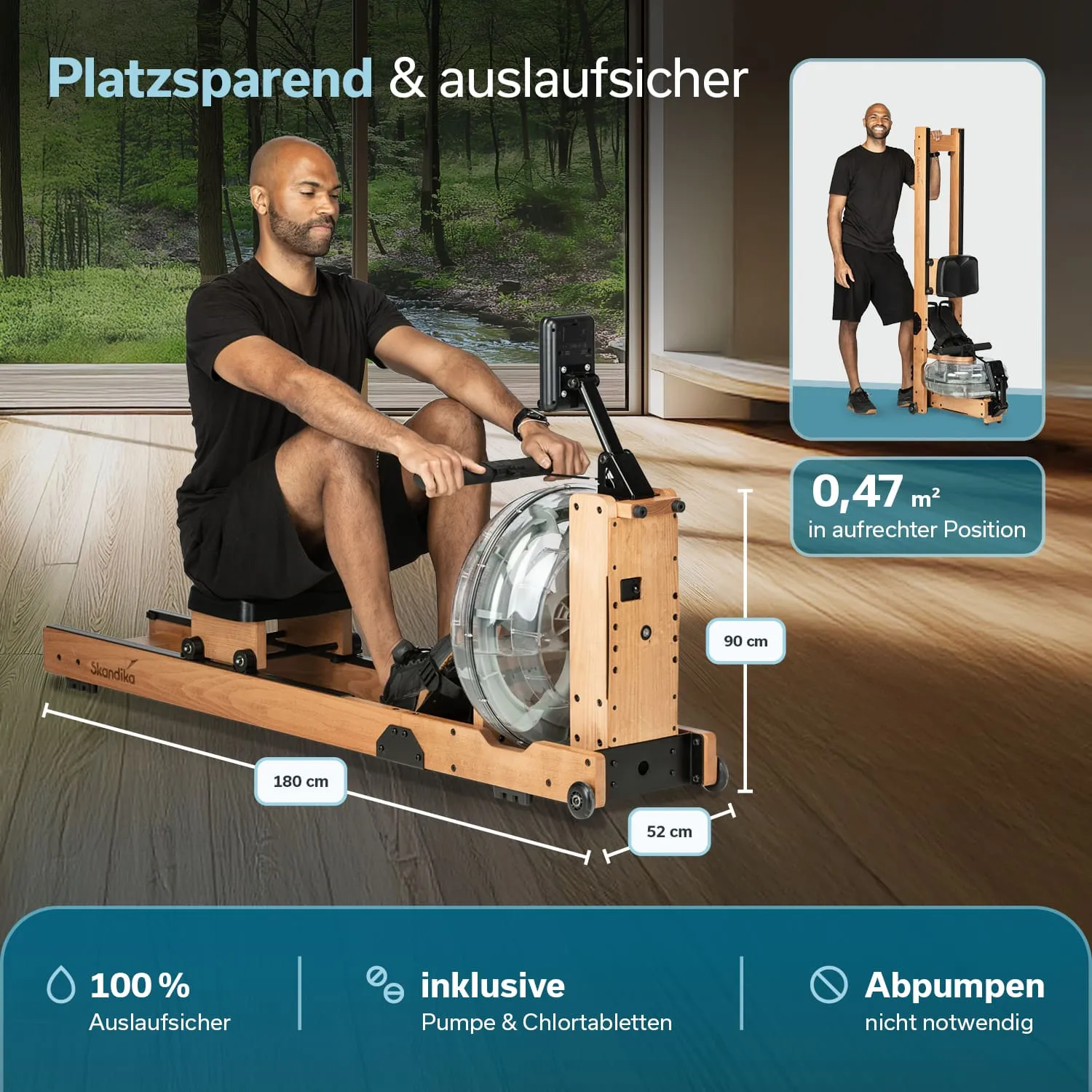 Rudergerät aus Holz mit wassertank, Person sitzt in Nutzung, Maße und Informationen auf blauem Infobereich. Hintergrund mit Fenster.