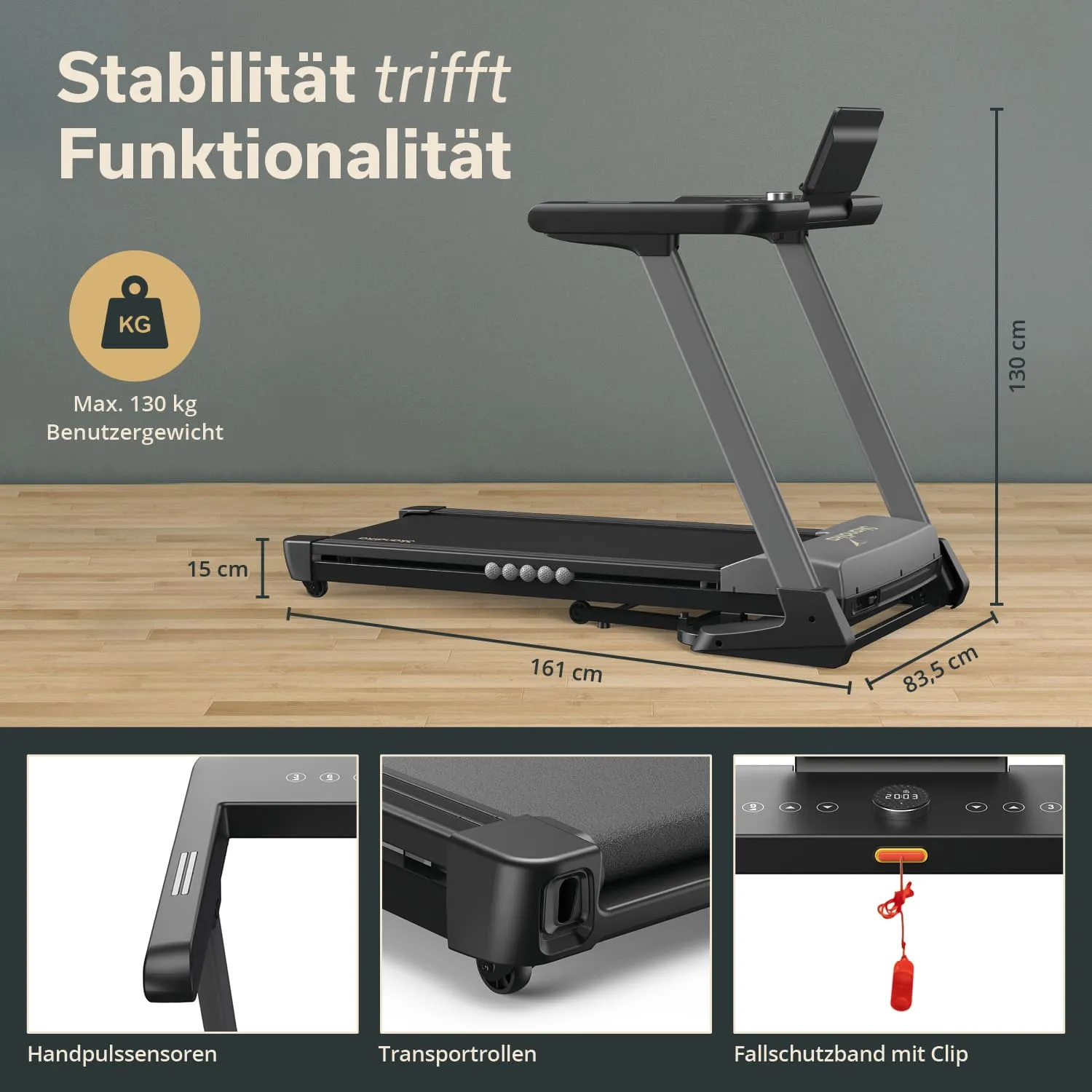 Laufband mit technischen Details, Abmessungen, Handpulssensoren und Sicherheitsclip. Holzfußboden im Hintergrund.