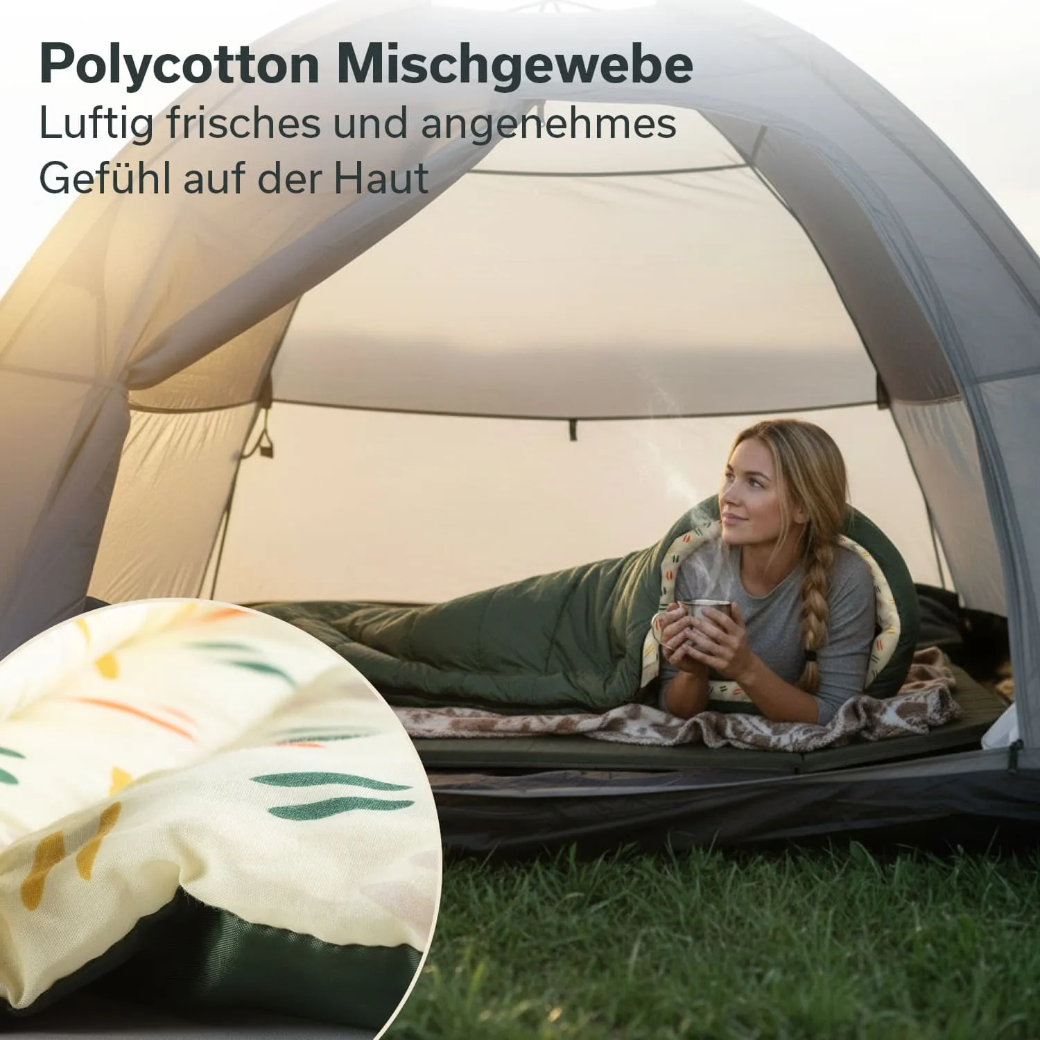 Eine Person liegt in einem Zelt auf einer Matte, umgeben von einer Decke und hält eine Tasse in den Händen.