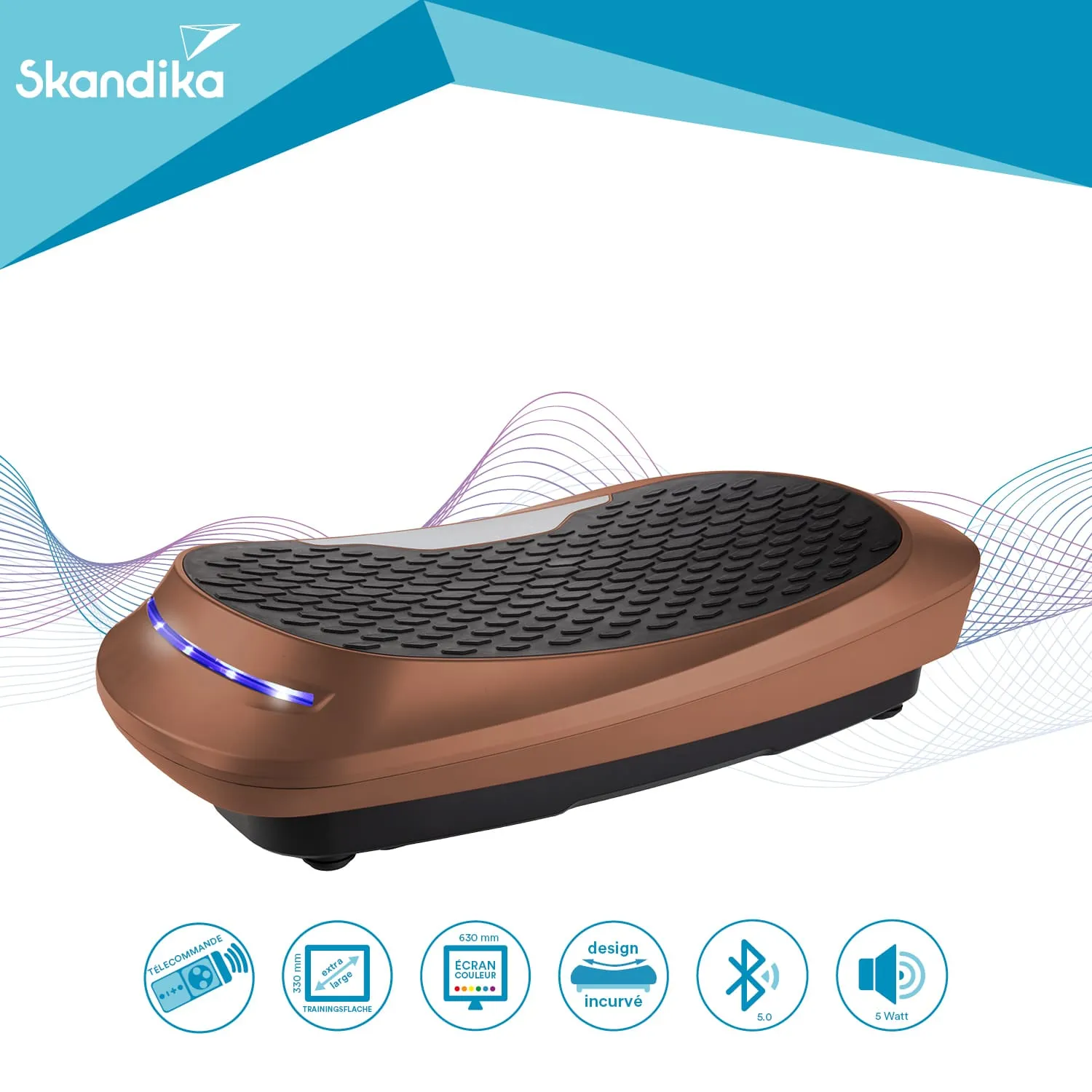 Eine runde Fitnessplattform mit rutschfester Oberfläche und blauen LEDs, in Braun- und Schwarztönen.