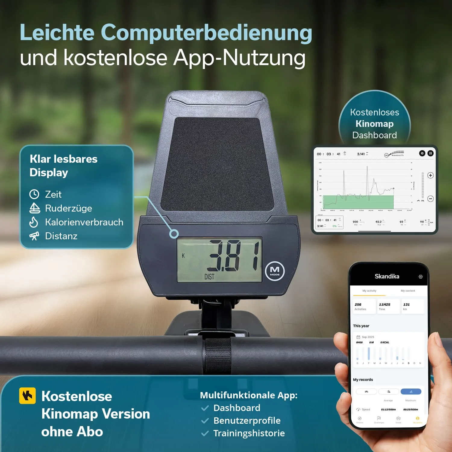 Display eines Geräts mit Zahlen, das Zeit, Ruderzüge, Kalorienverbrauch und Distanz anzeigt. Smartphone zeigt App-Oberfläche.