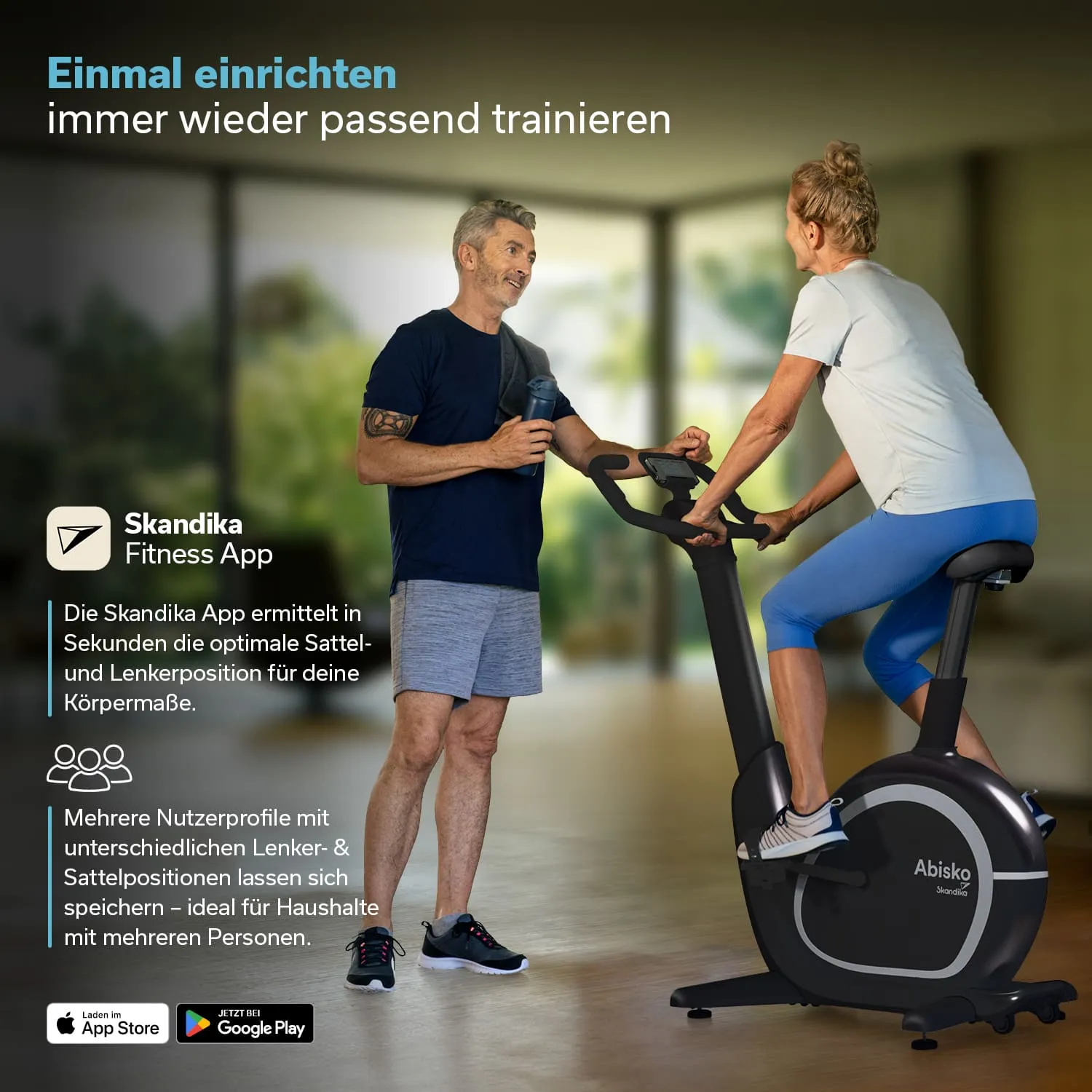 Smartphone zeigt eine App zur Anpassung von Sitz- und Lenkerhöhe im Fitnessbereich. Neben einem Fitnessgerät mit Display.