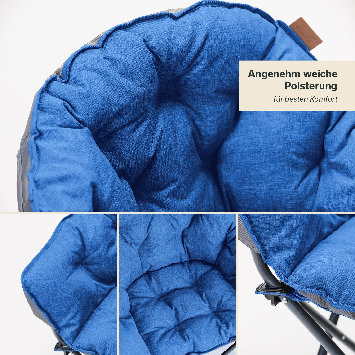 Blaue Polsterung eines Stuhls mit weichem Material, mehrere Ansichten des Polsters zeigen die Struktur und den Komfort.