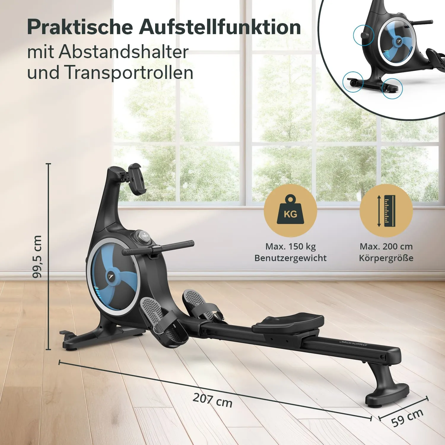 Rudergerät in einem hellen Raum mit Fenstern. Abmessungen und maximale Benutzerangaben sind angegeben.