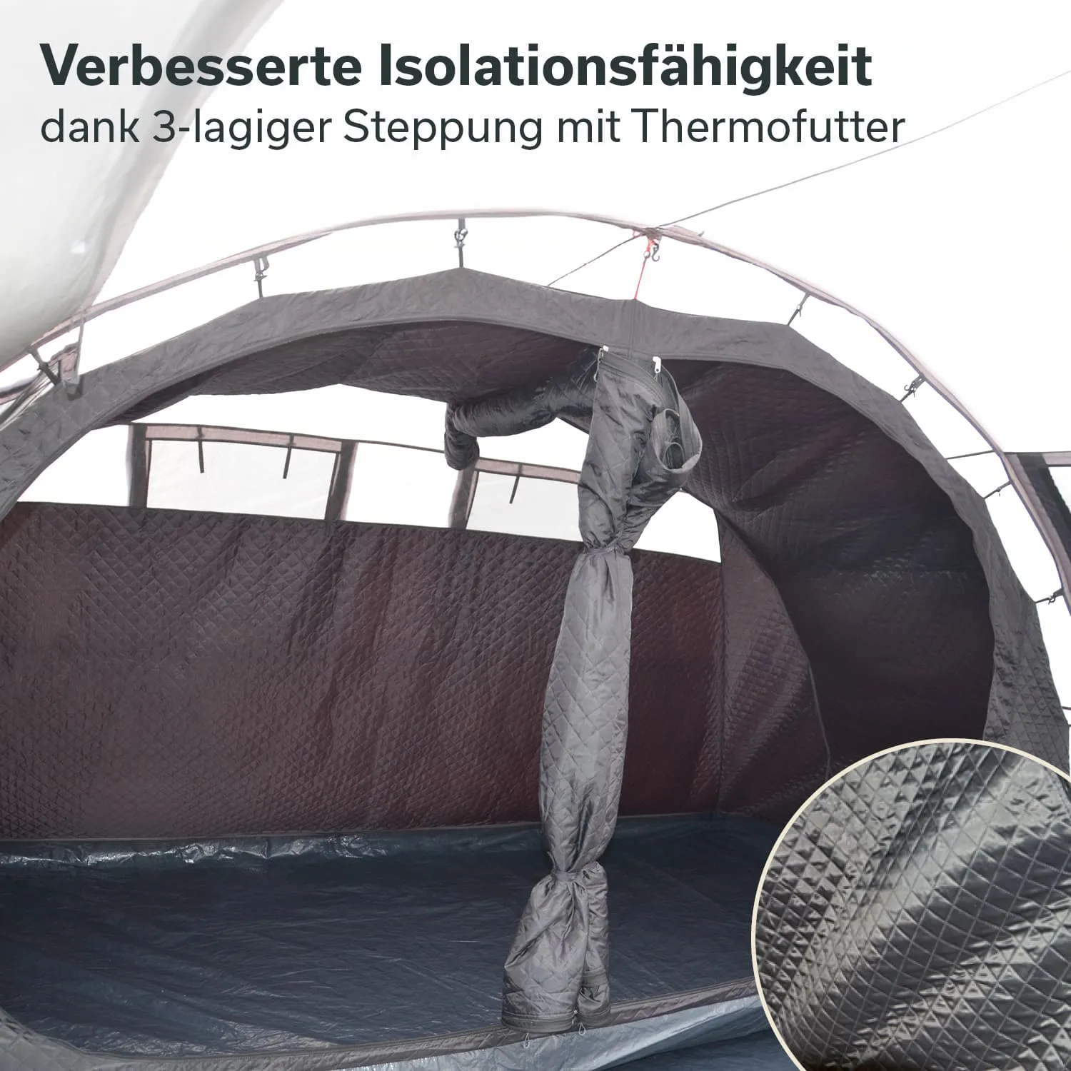 Isolierte Zeltinnenseite mit dunkelgrauem Material und 3-lagiger Steppung. Sichtbare Zeltstangen und Fußboden.