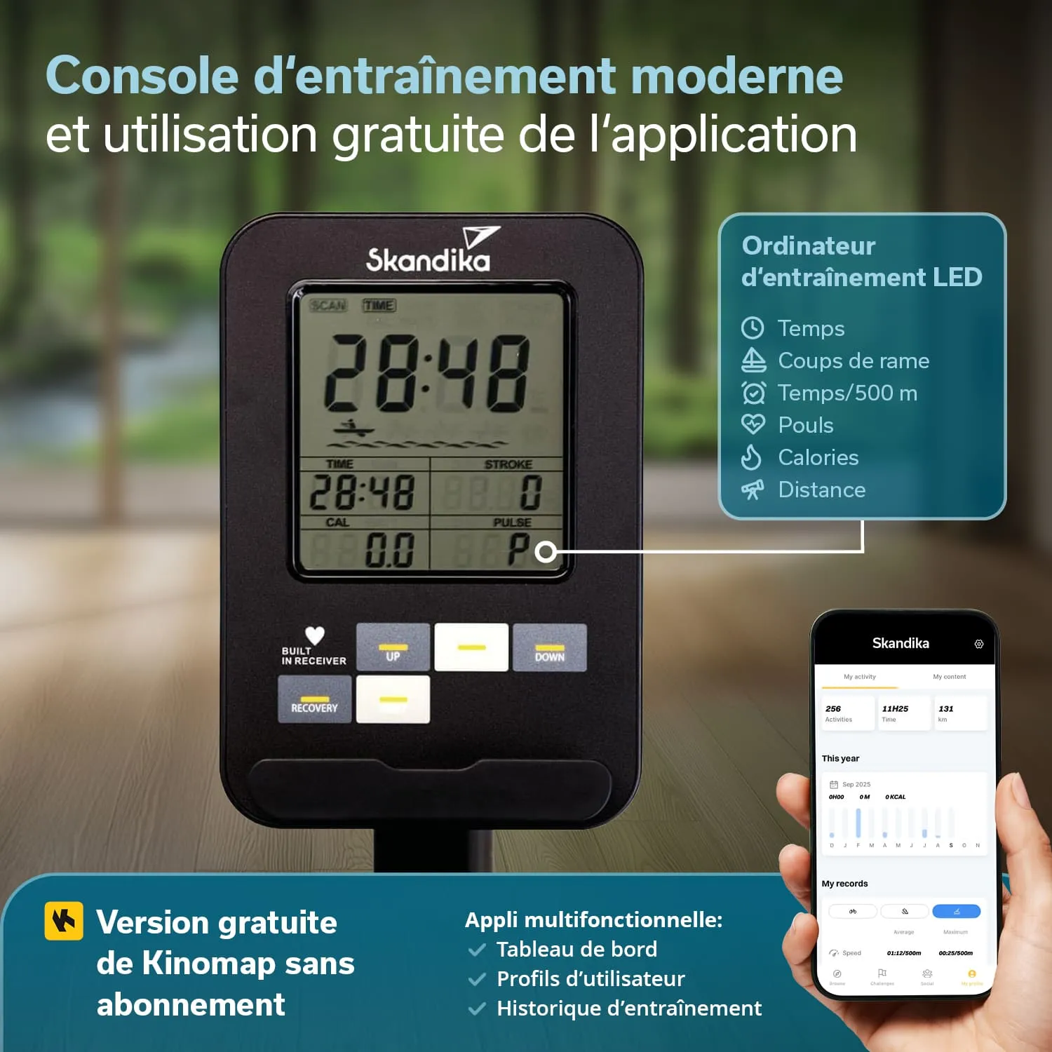 Konsole mit LED-Anzeige für Fitnessdaten wie Zeit, Puls, Kalorien und Distanz daneben ein Smartphone mit einer Fitness-App.