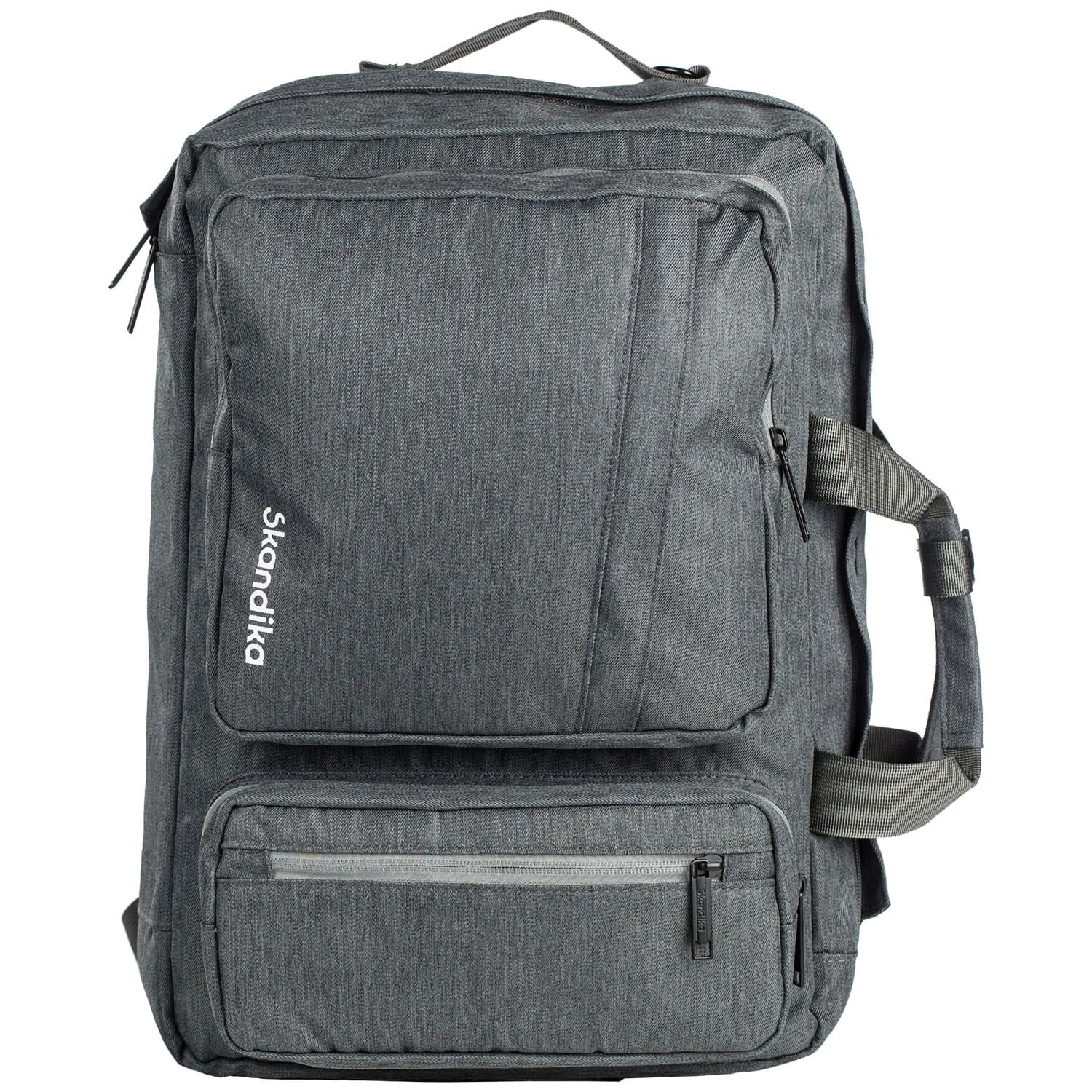Grauer Rucksack mit mehreren Taschen und Reißverschlüssen, Tragegriff und verstellbaren Schulterriemen.