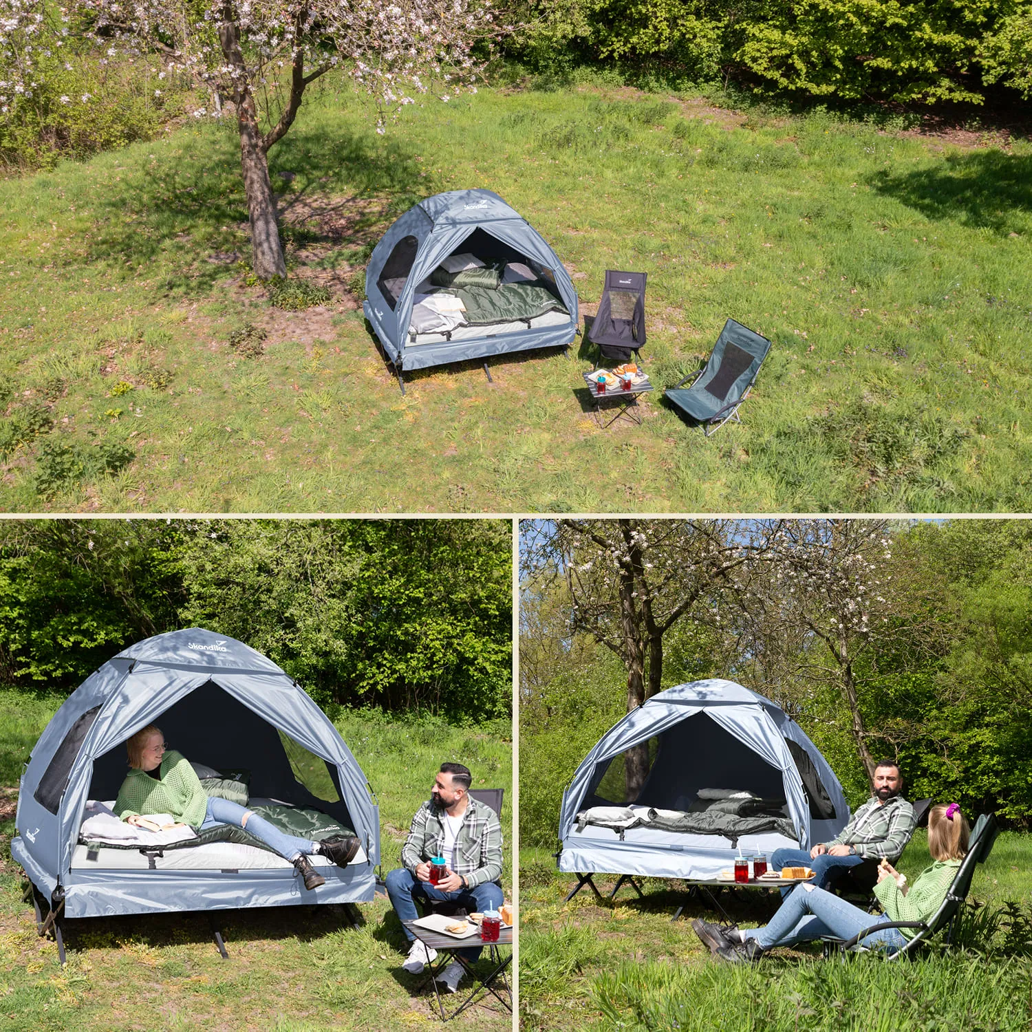 Zelt auf Wiese unter einem Baum, zwei Campingstühle, Tisch mit Getränken und Snacks, grüner Hintergrund.