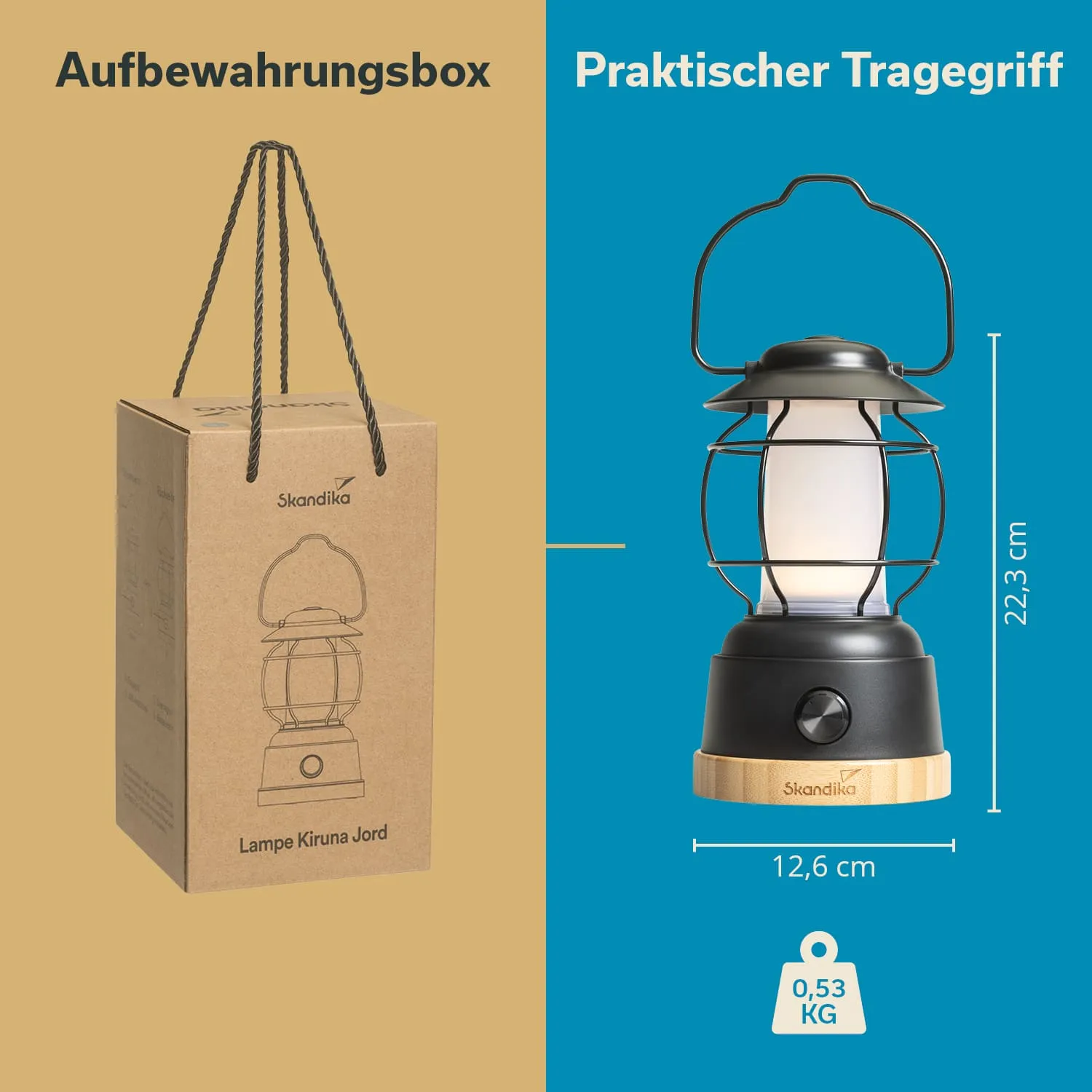Aufbewahrungsbox für eine Lampe auf der linken Seite, rechts eine Lampe mit Maßangaben und Gewichtsinfo.