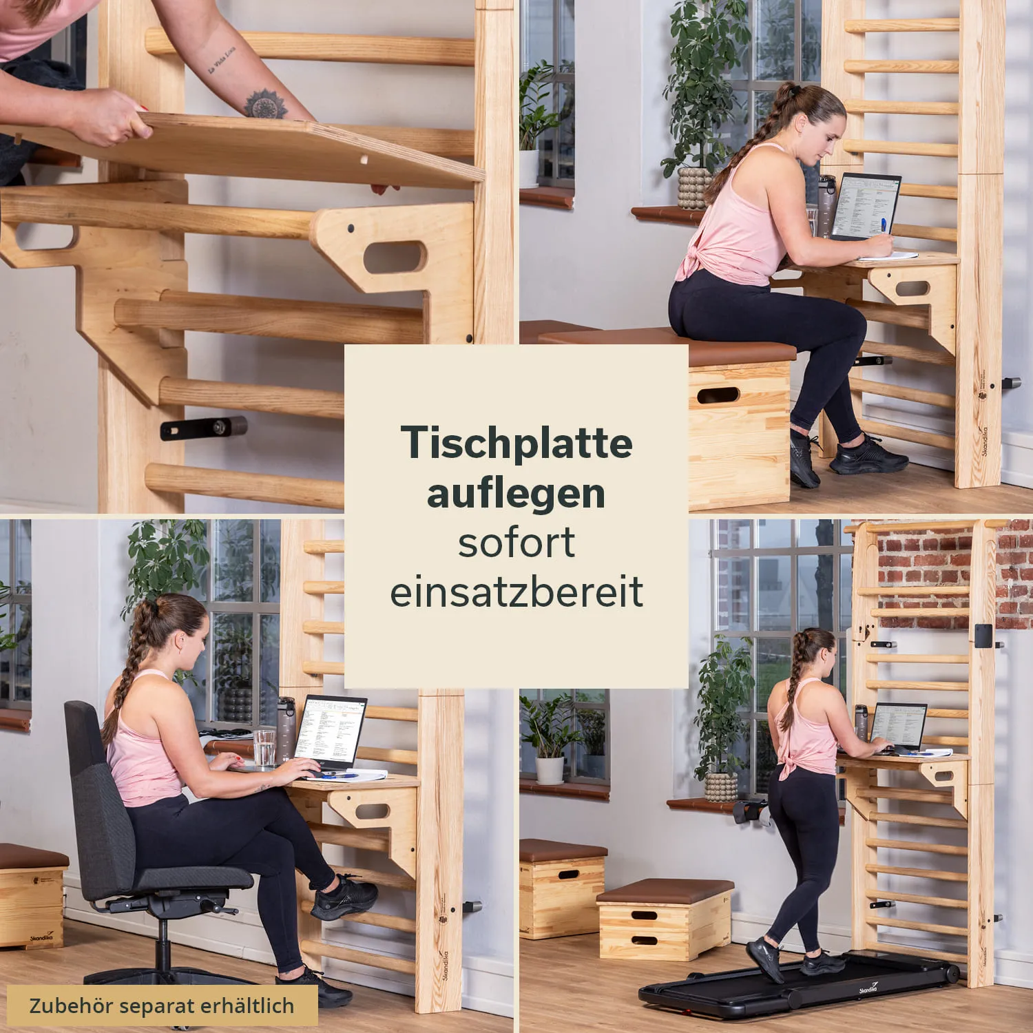 Holzkonstruktion mit integrierter Tischplatte, Person am Arbeitsplatz sitzend und stehend, zwei Sitzmöglichkeiten, Pflanzen im Hintergrund.