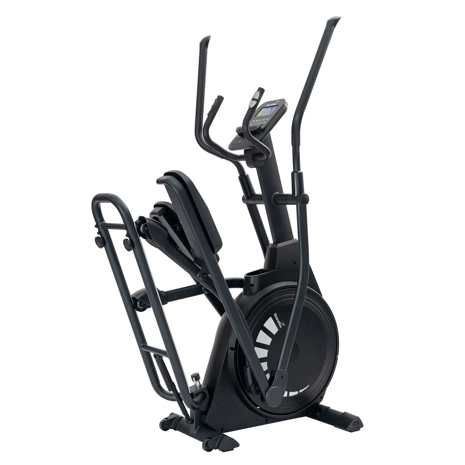 Ellipsentrainer in Schwarz mit einem Display, Griffen und Pedalen, steht auf einem neutralen Hintergrund.