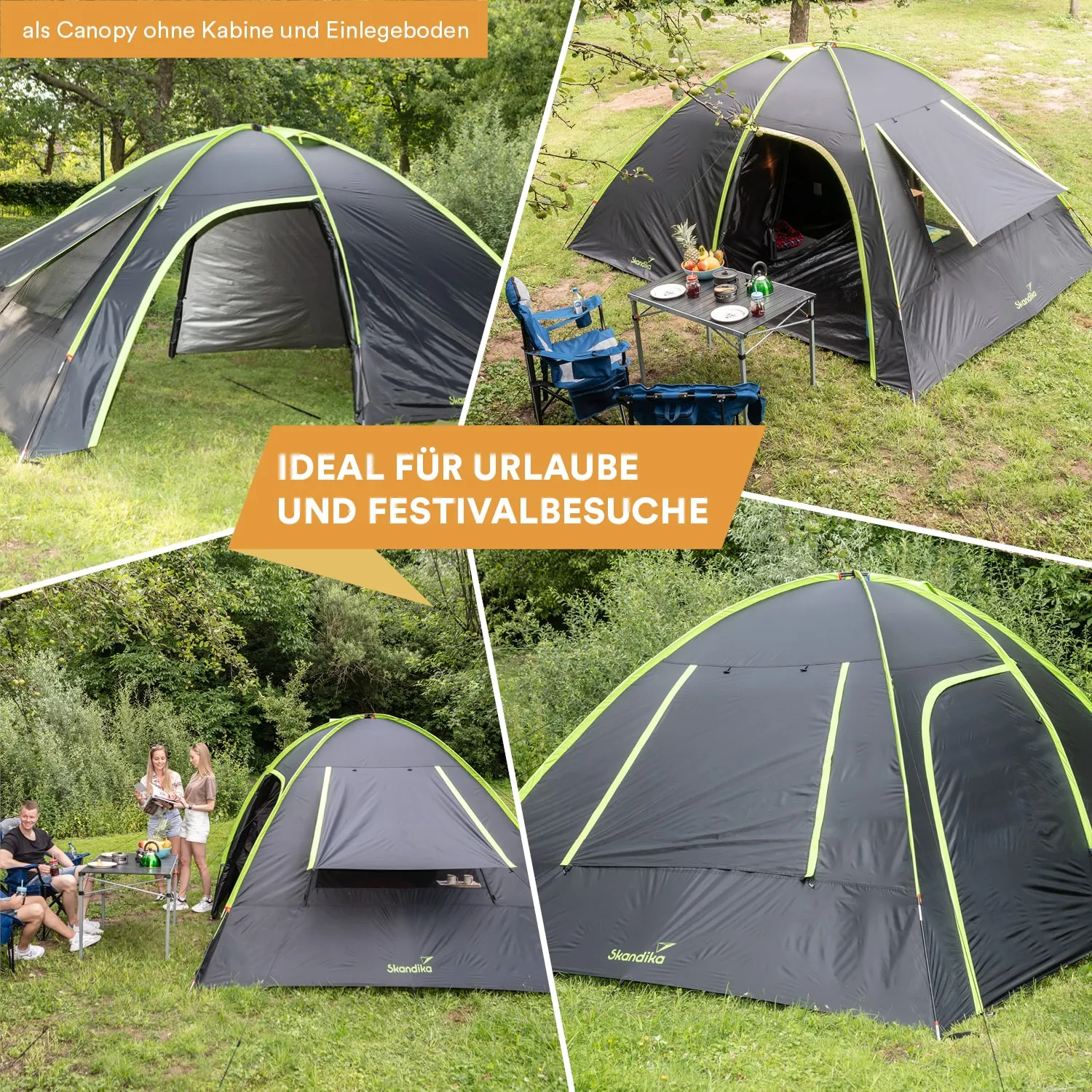 Zelt mit grünen Akzenten auf Wiese, zwei Personen am Tisch mit Getränken und Obst, Bäume im Hintergrund.