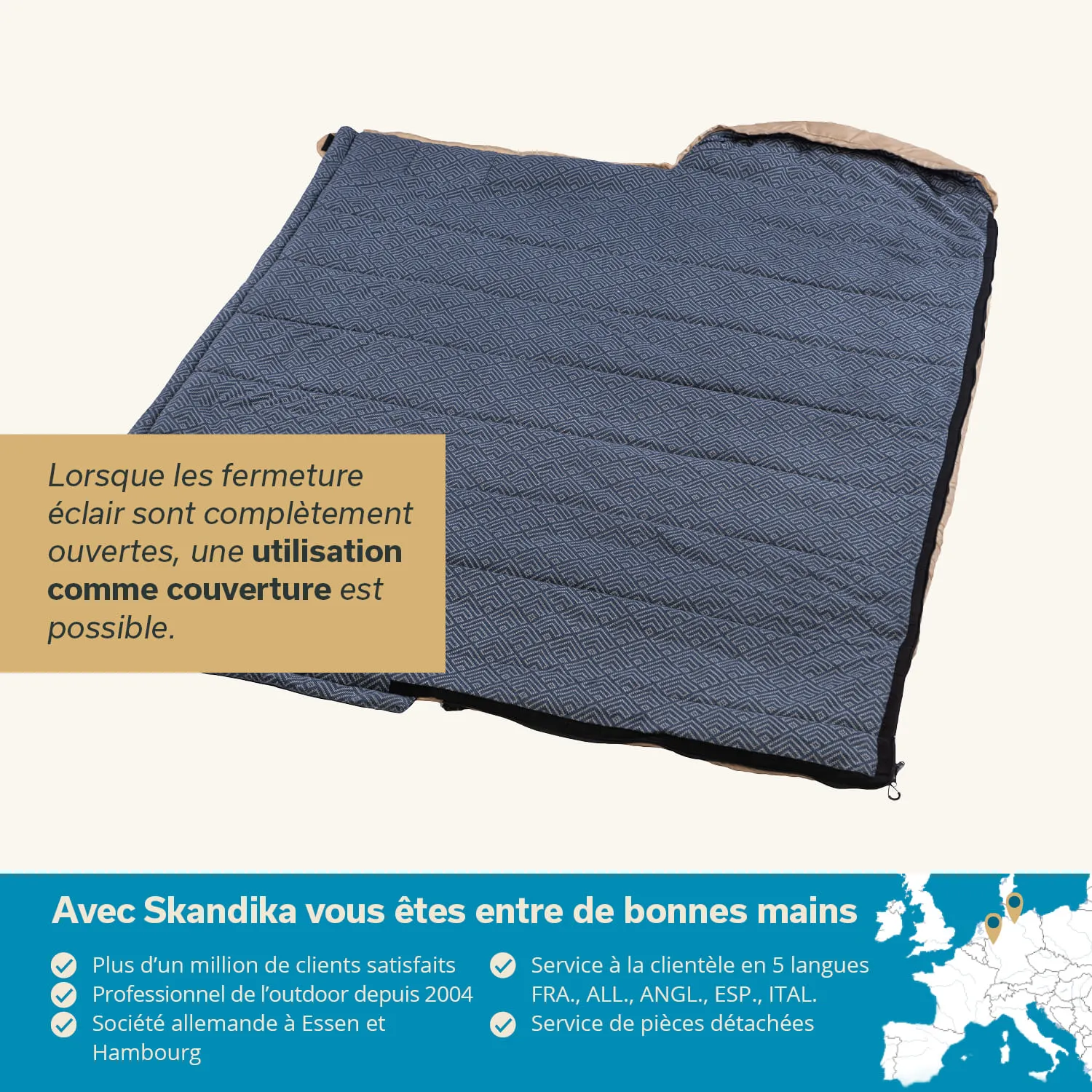 Blaue Decke mit geometrischem Muster, teilweise offen, zusätzlich Text in französischer Sprache über Verwendung und Dienstleistungen.